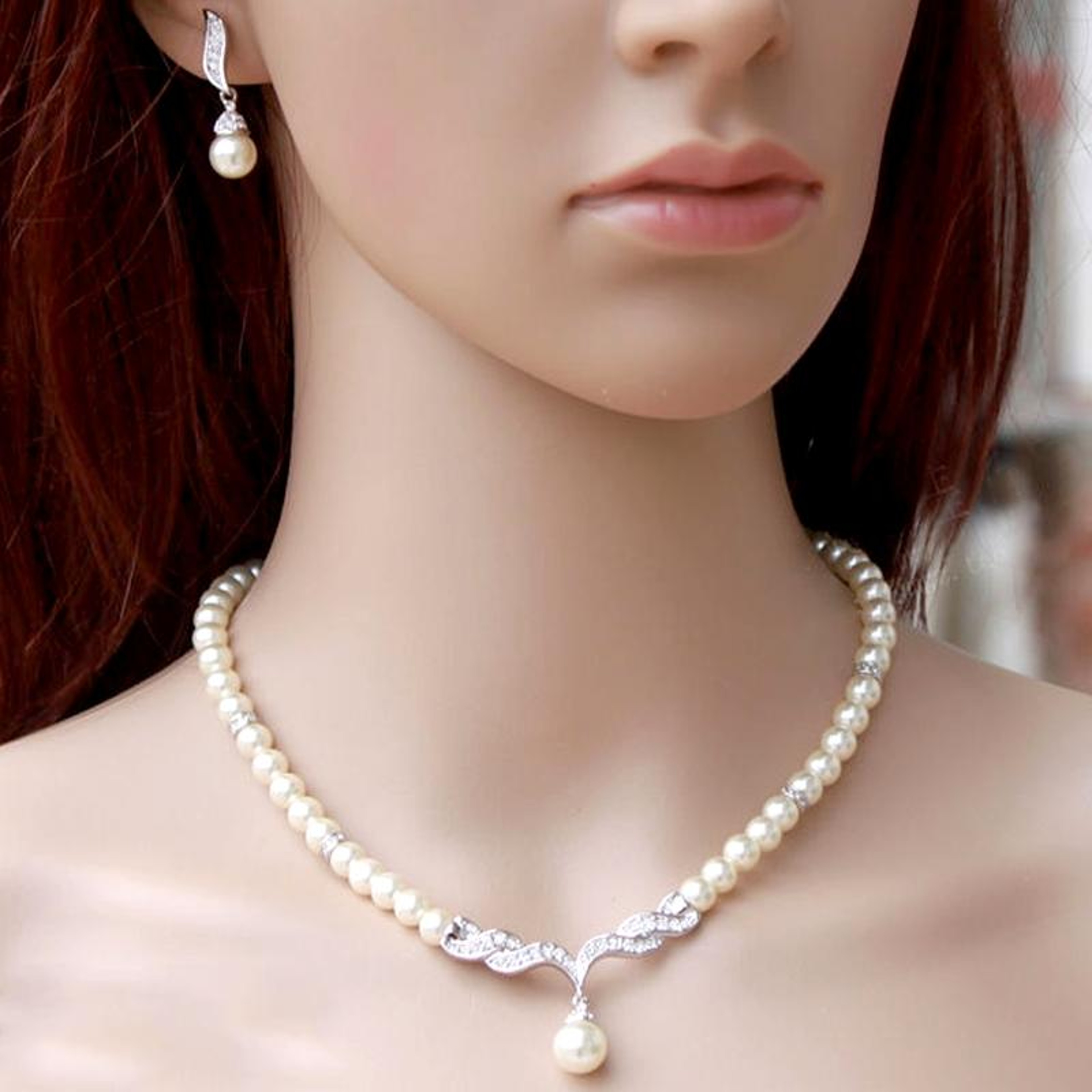 Bridal Pearl Necklace and Earrings Set Rhinestone Wedding Jewelry Set for Brides – view 8