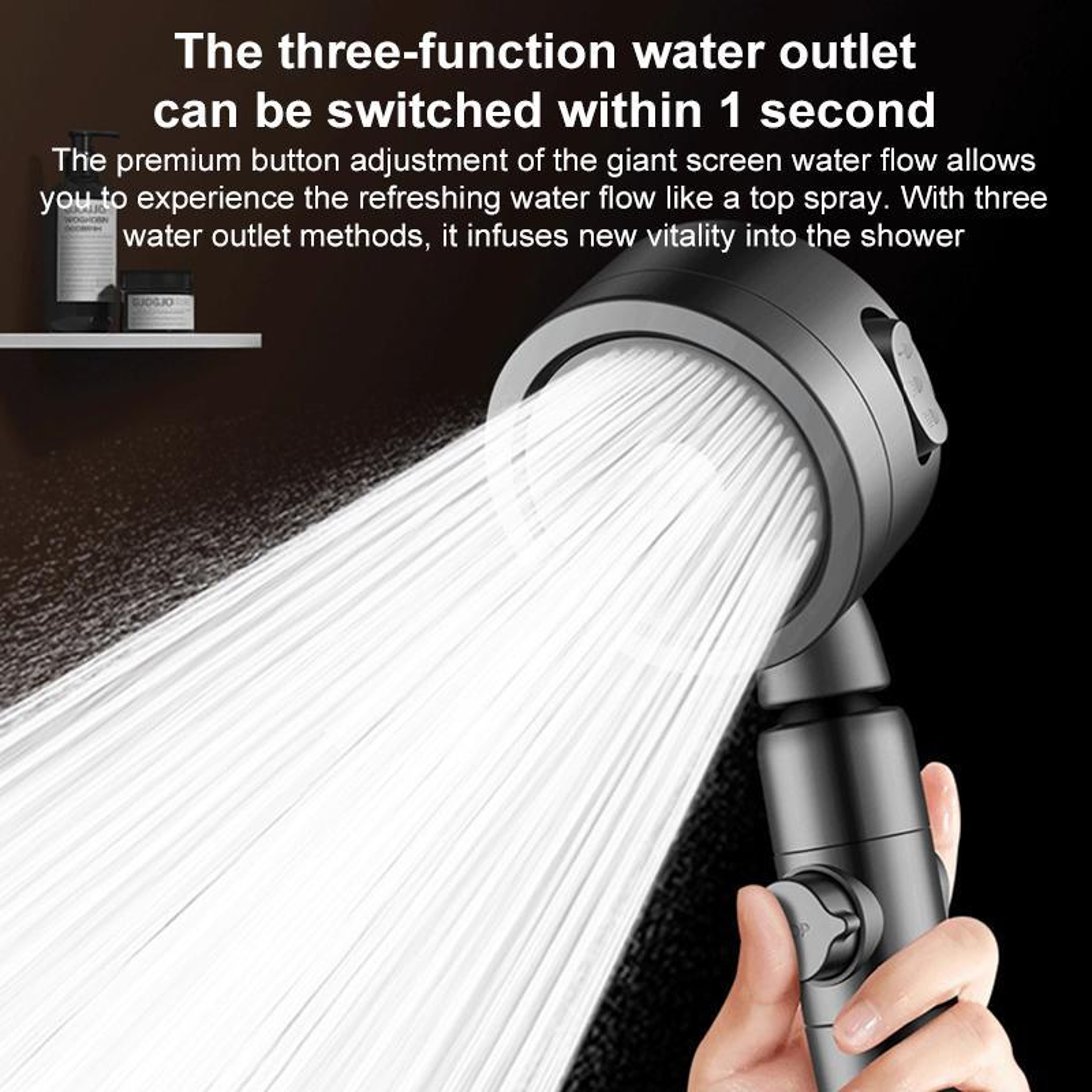 Three Setting Adjustable Pressurized Water Saving Shower Head with Stop Button  Titanium Gray – view 3