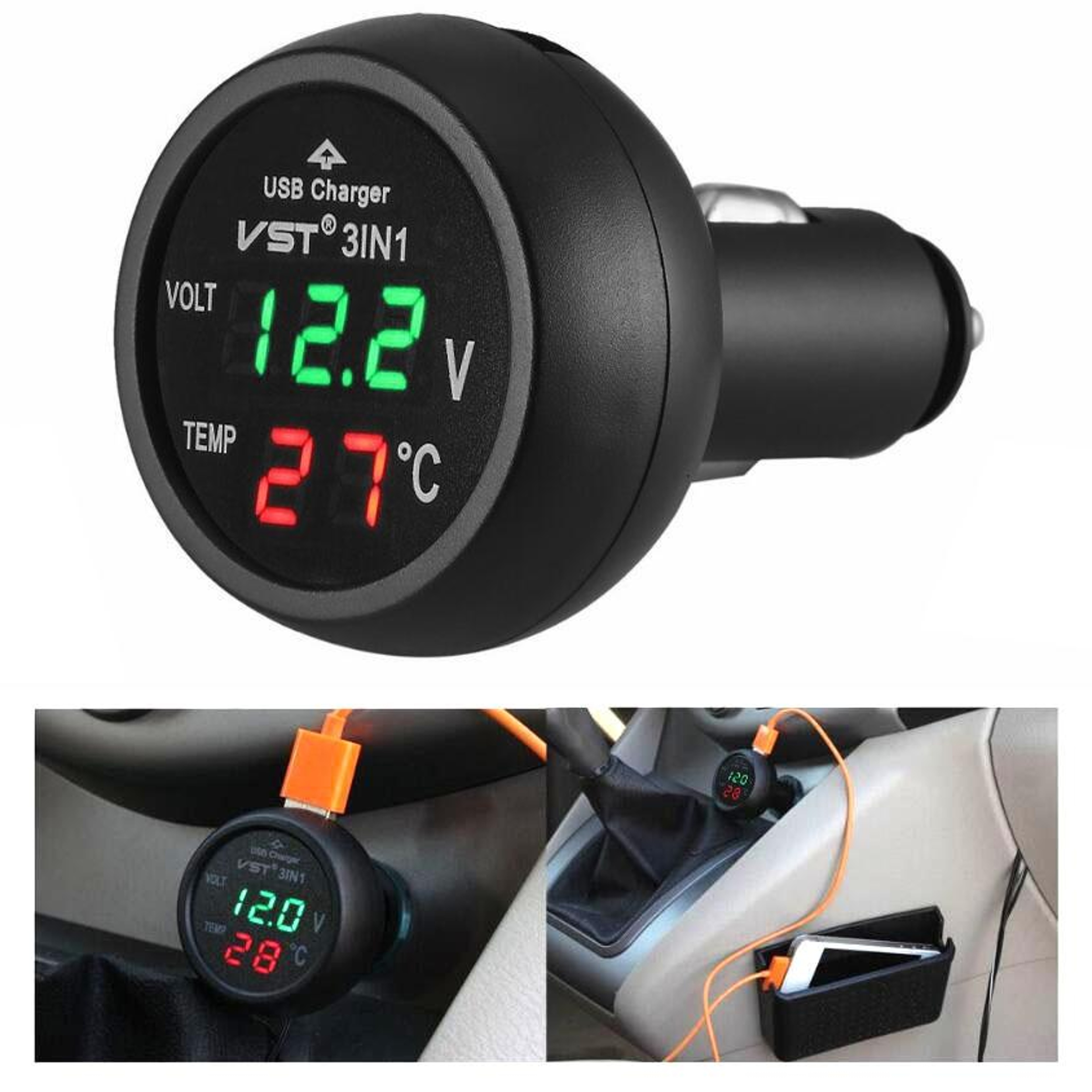 USB Charger with Voltage Detection LCD Display and Car Battery Monitor Thermometer – view 1