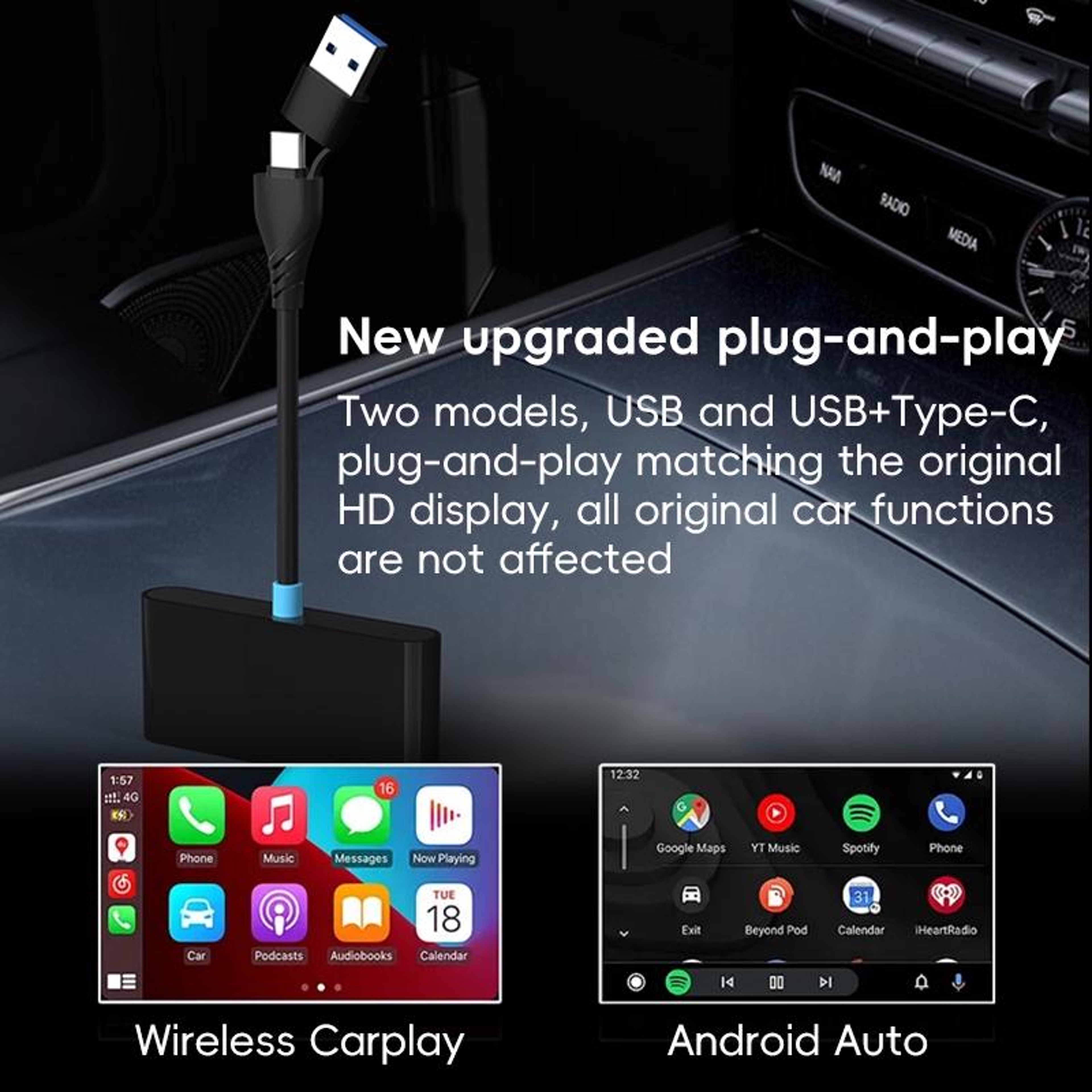 Wireless CarPlay and Android Auto Wireless Adapter  and Play Car Connectivity Box Black – view 7