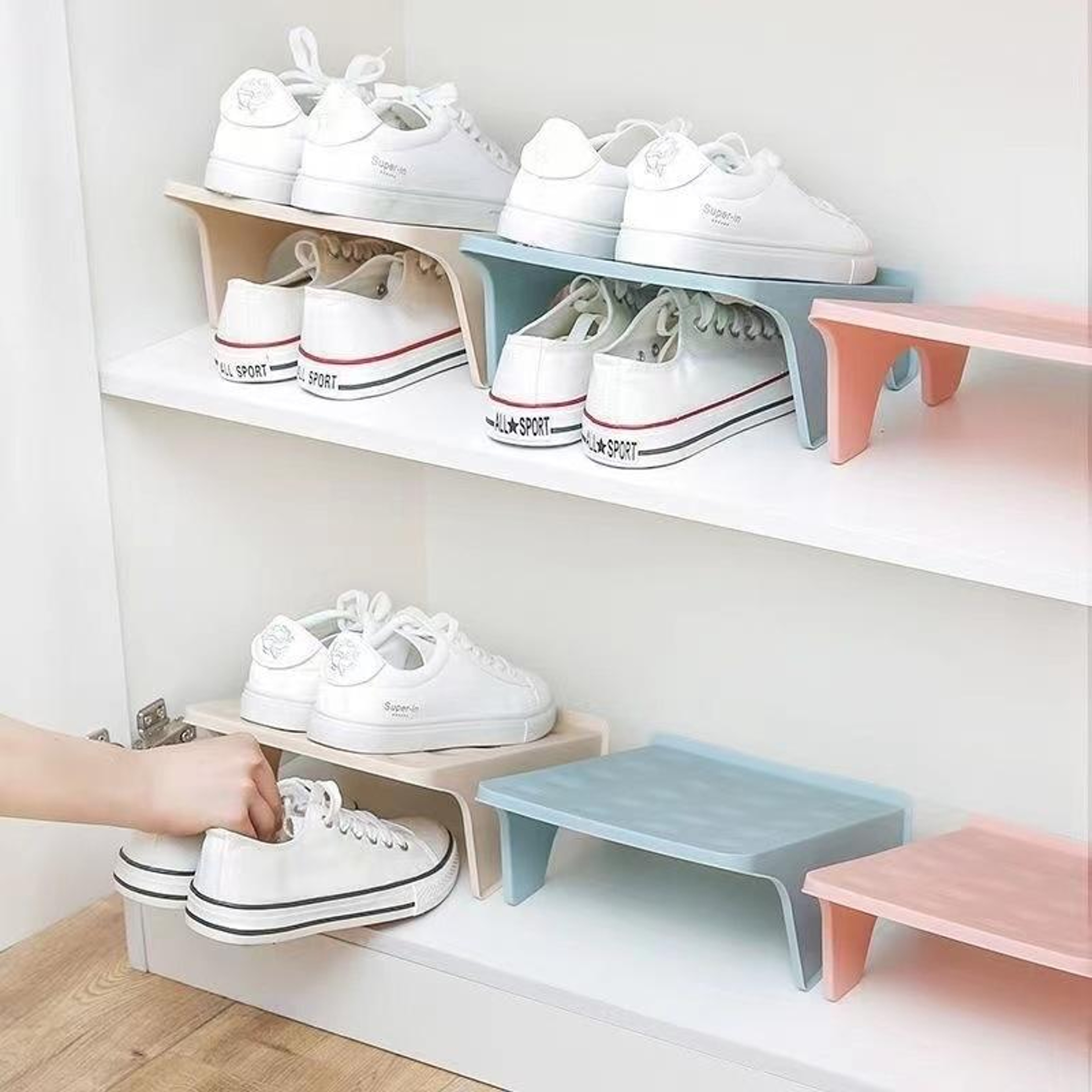 Space-Saving Shoe Organizer Rack with Double Layer Tray Stackable Shoe Storage (Pink) – view 2