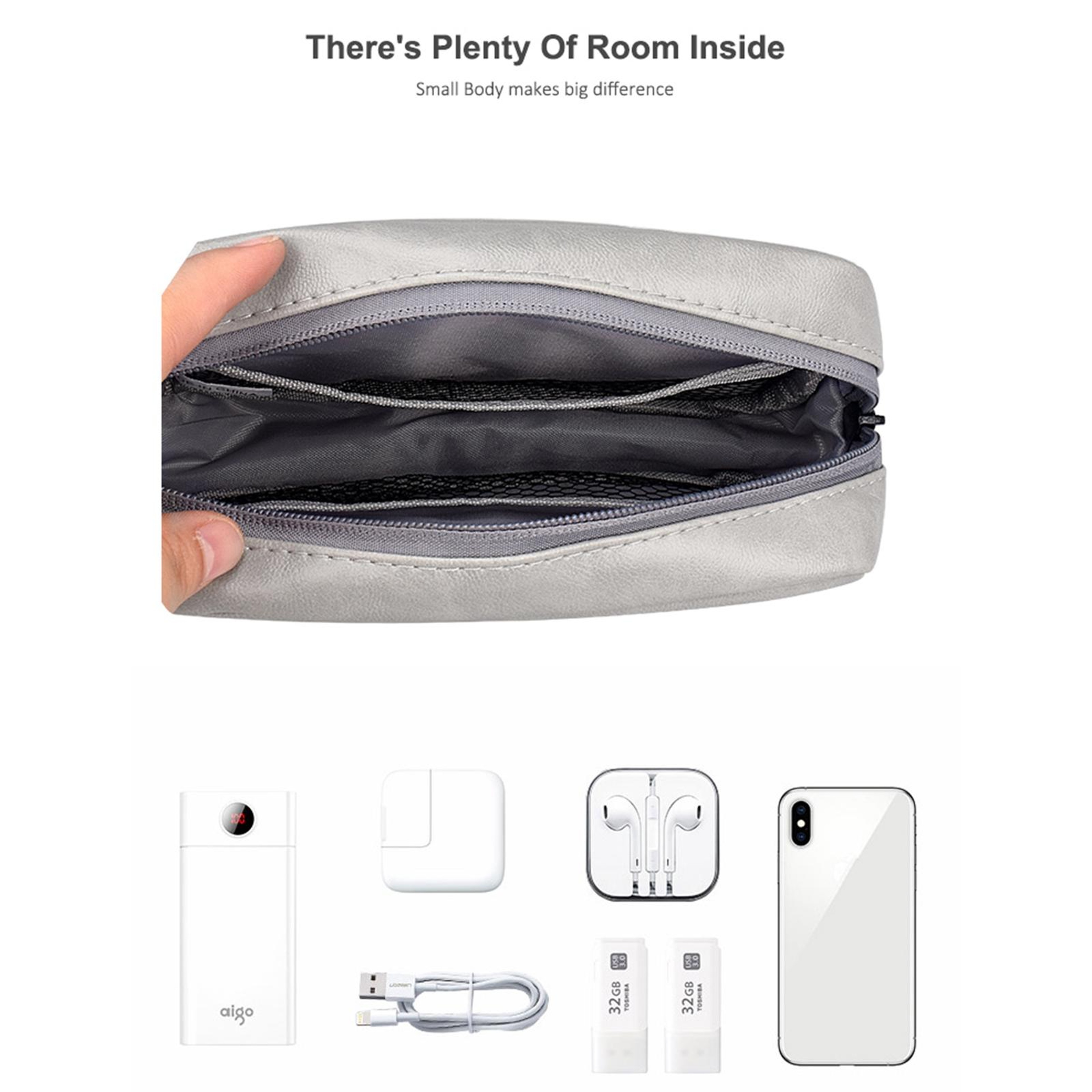 Sky Blue PU Leather Cable Organizer Bag, Portable Travel Electronics Storage Pouch – view 4
