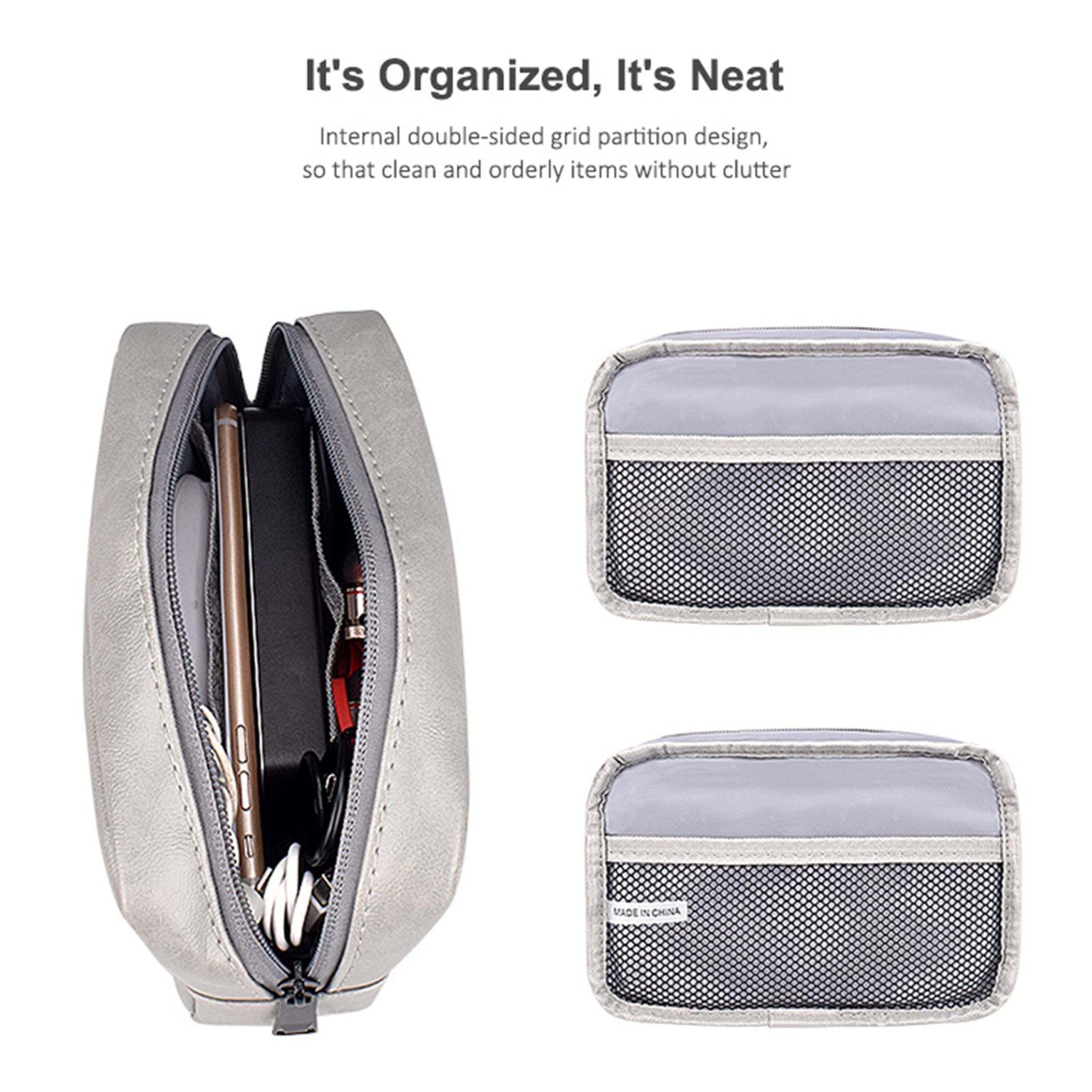 Sky Blue PU Leather Cable Organizer Bag, Portable Travel Electronics Storage Pouch – view 5