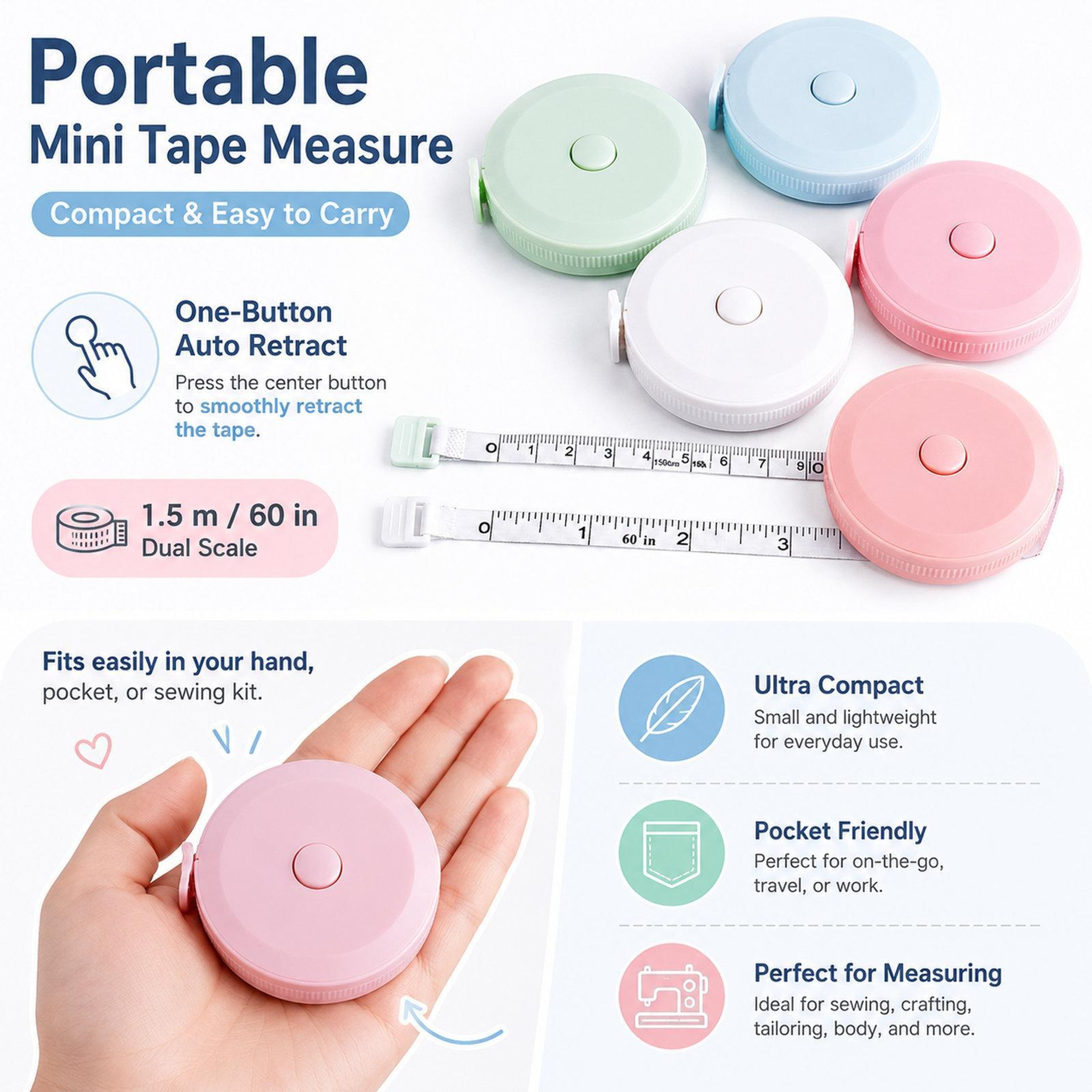 Mini Retractable Tape Measure Dual Scale Sewing Body Measuring Tape – view 3