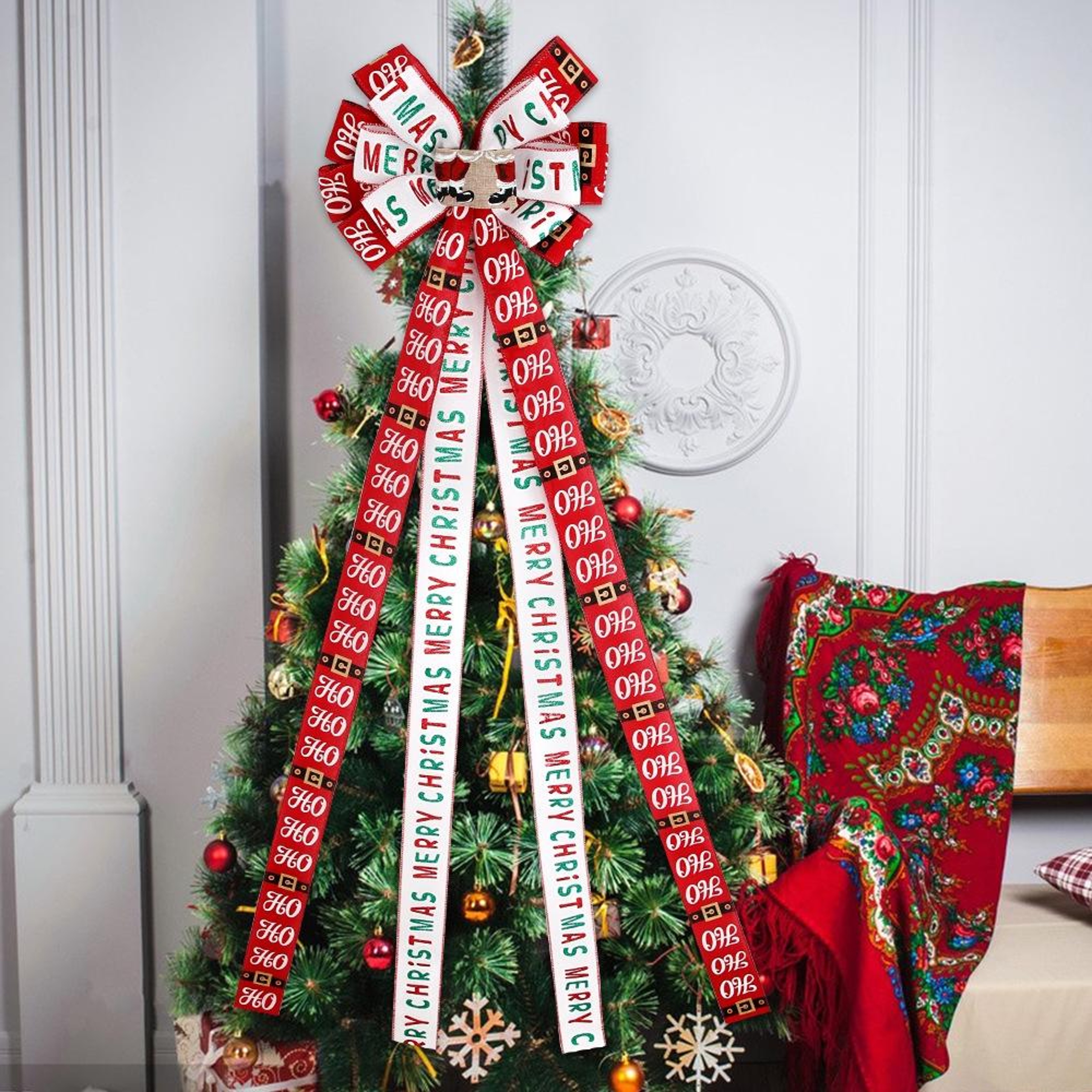 Rustic Christmas Tree Topper Bow Decoration with Double-Layer Linen Design – view 4