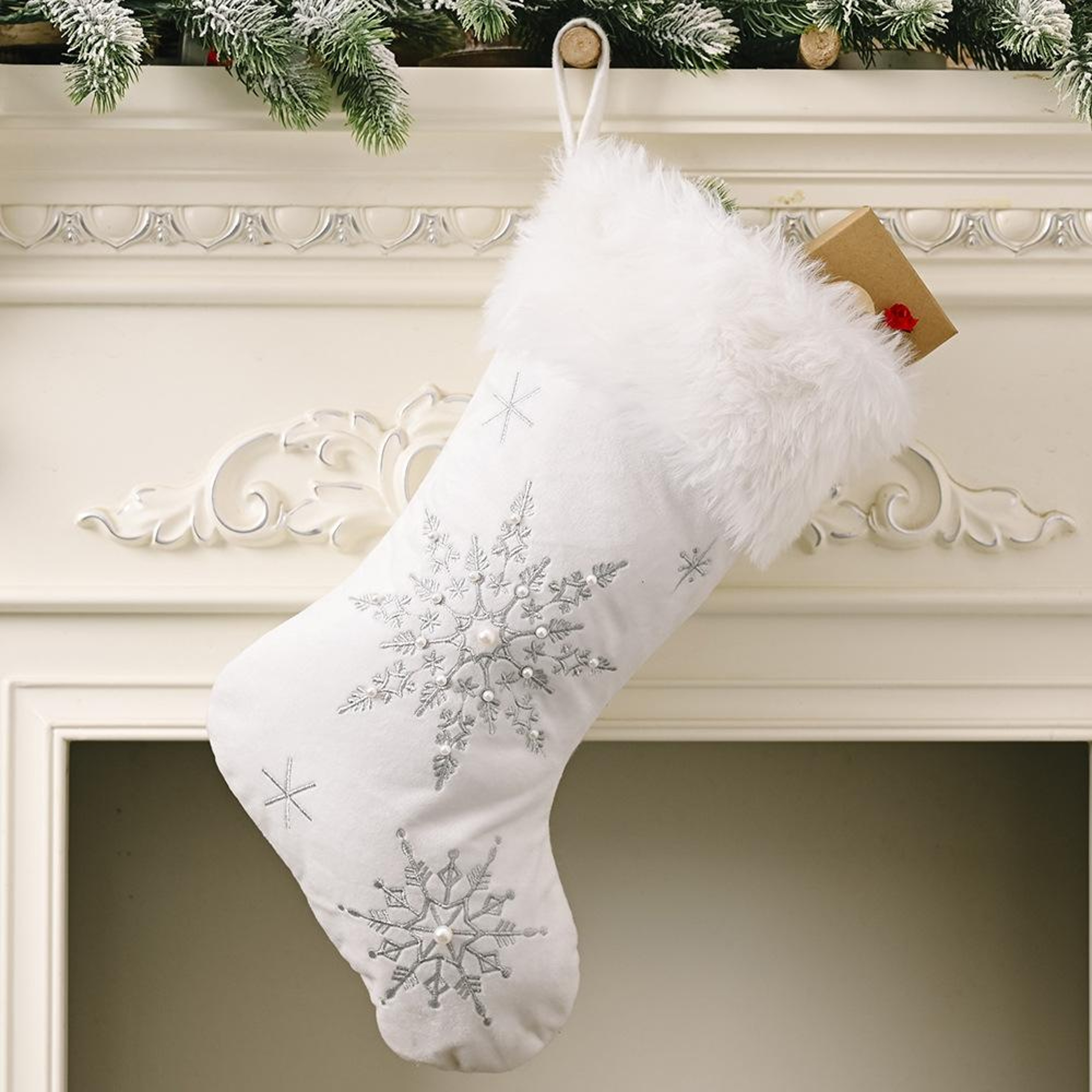 Luxury Pearl Snowflake Christmas Stocking Plush Flannel Holiday Gift Sock Decor 6