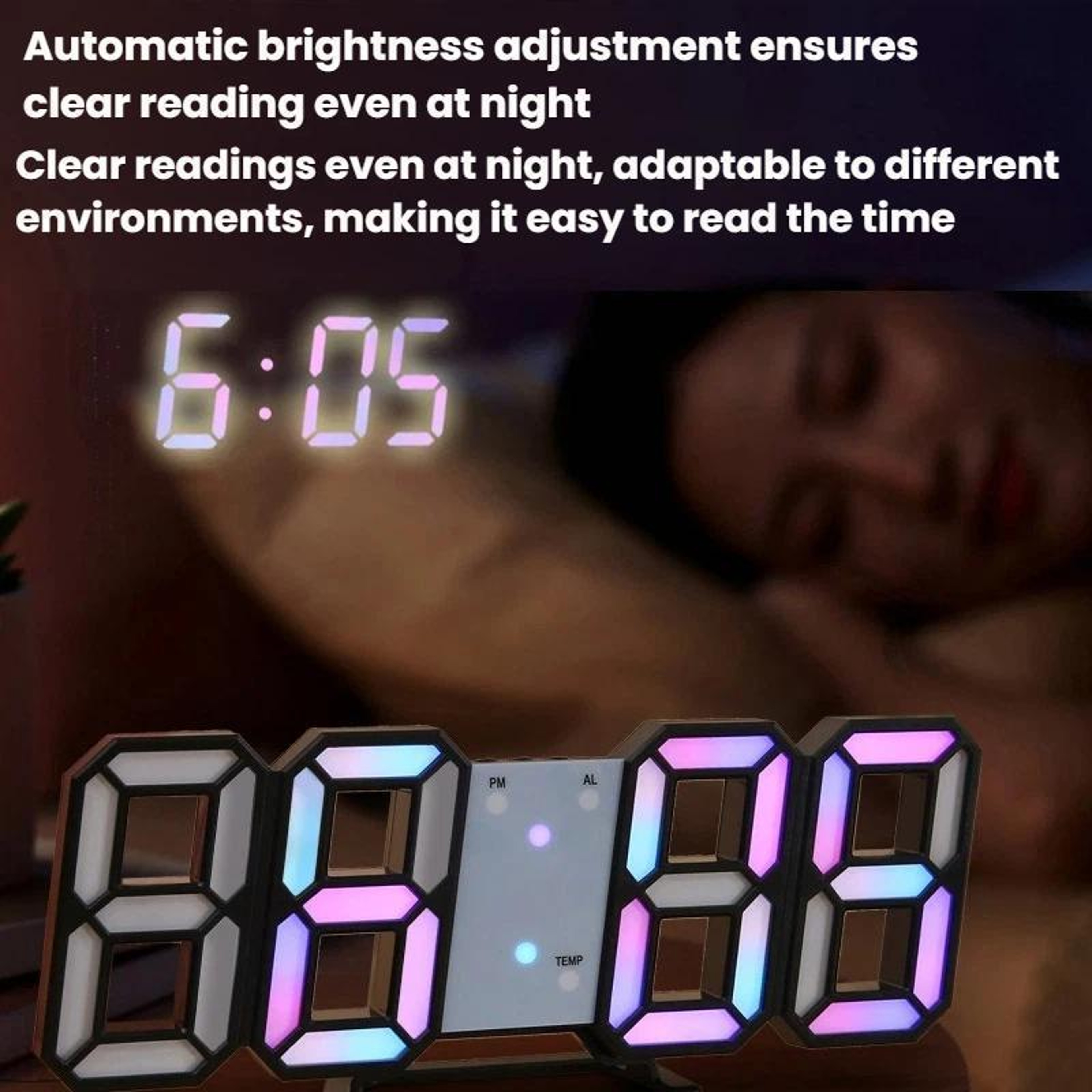 RGB LED Digital Wall Clock with Auto Dimming, Temperature Display & Alarm – view 8
