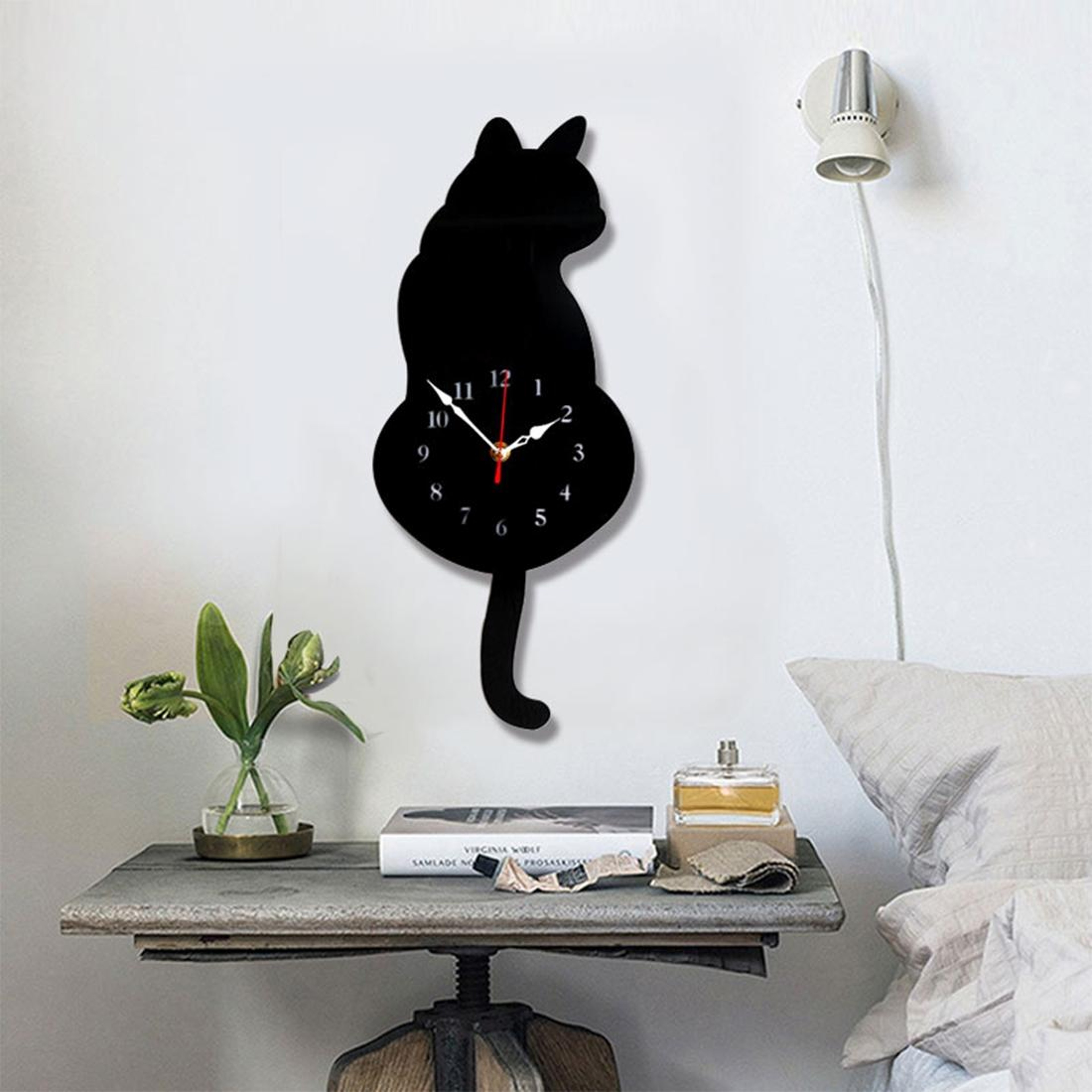 Cute Cat Wall Clock with Swinging Tail Battery Operated Acrylic Wall Decor – view 1