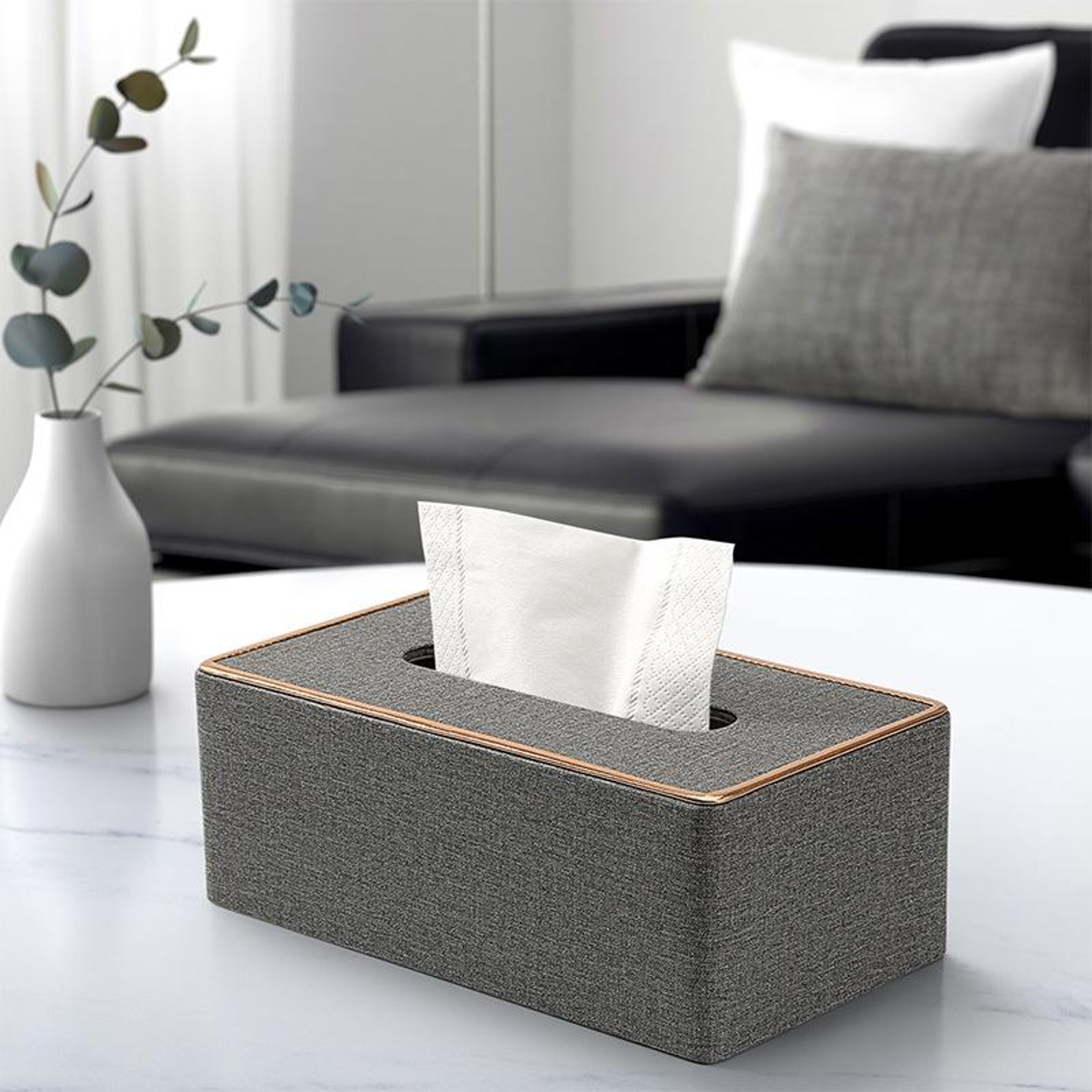 Luxury Tissue Box Cover With Gold Rim Faux Leather Decorative Desktop Tissue Holder 8