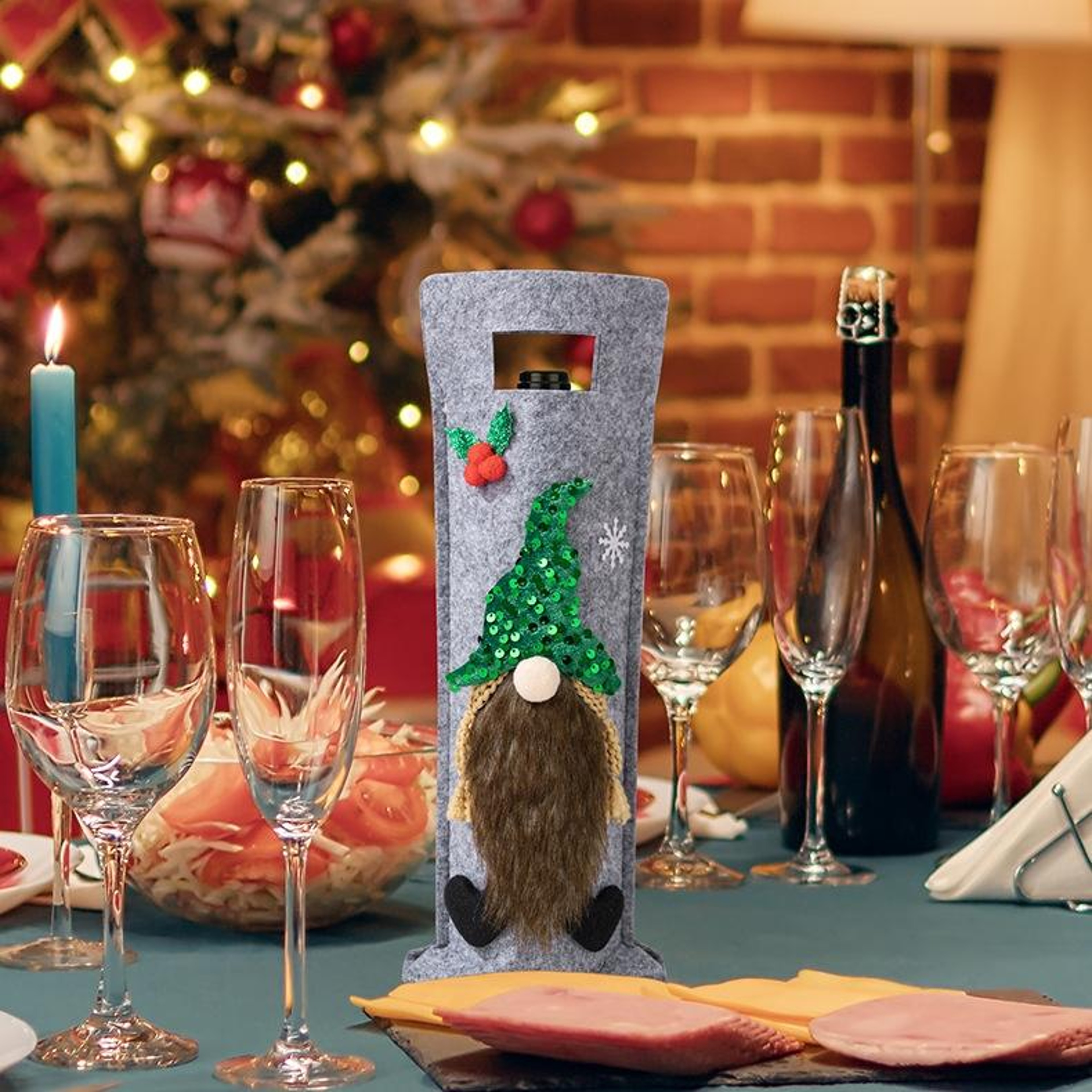 Festive Christmas Wine Bottle Cover Non Woven Wine Bottle Gift Bag for Holiday Table Decor – view 7