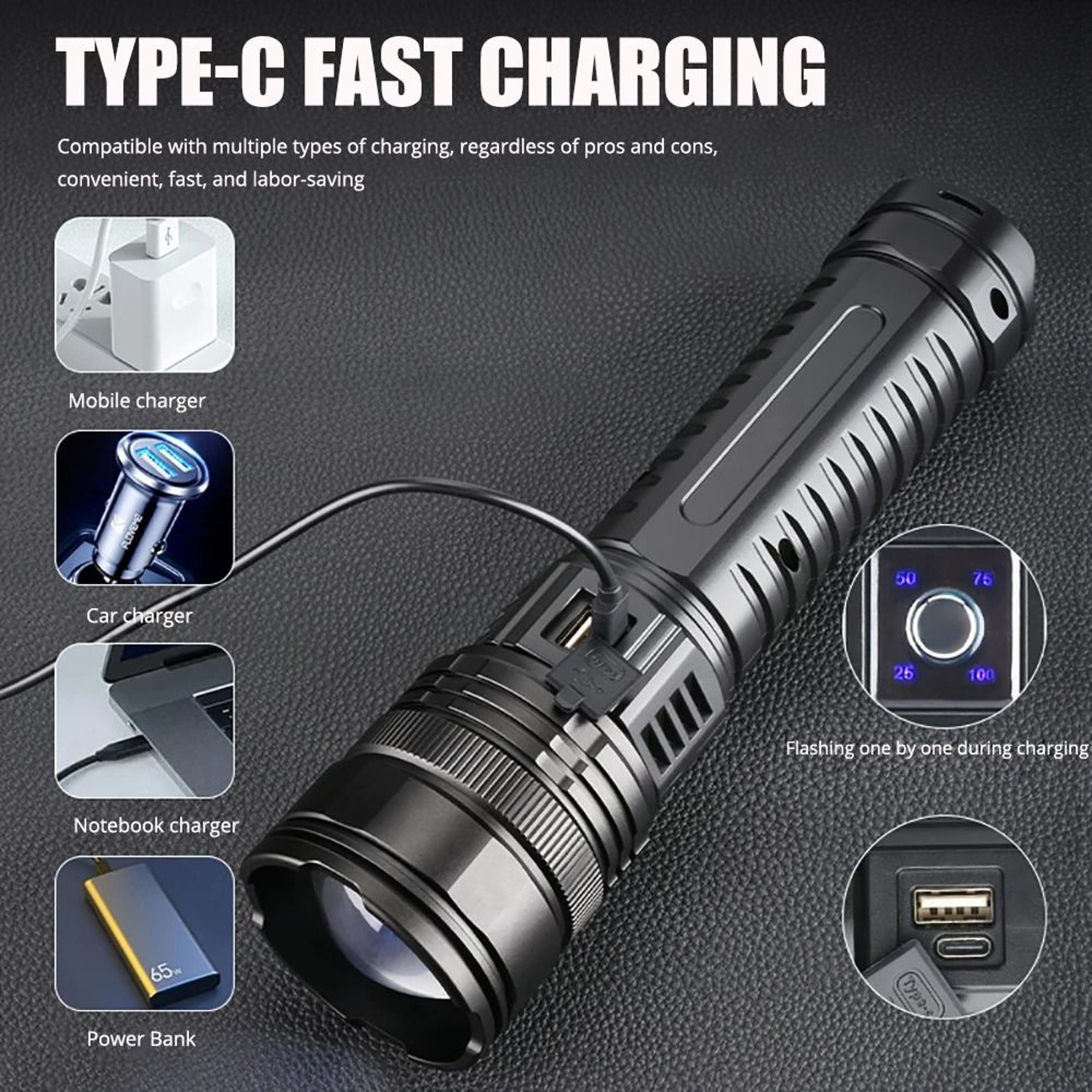 Long Range Rechargeable Tactical Flashlight With 15000 MAh Battery And Zoom Beam 1
