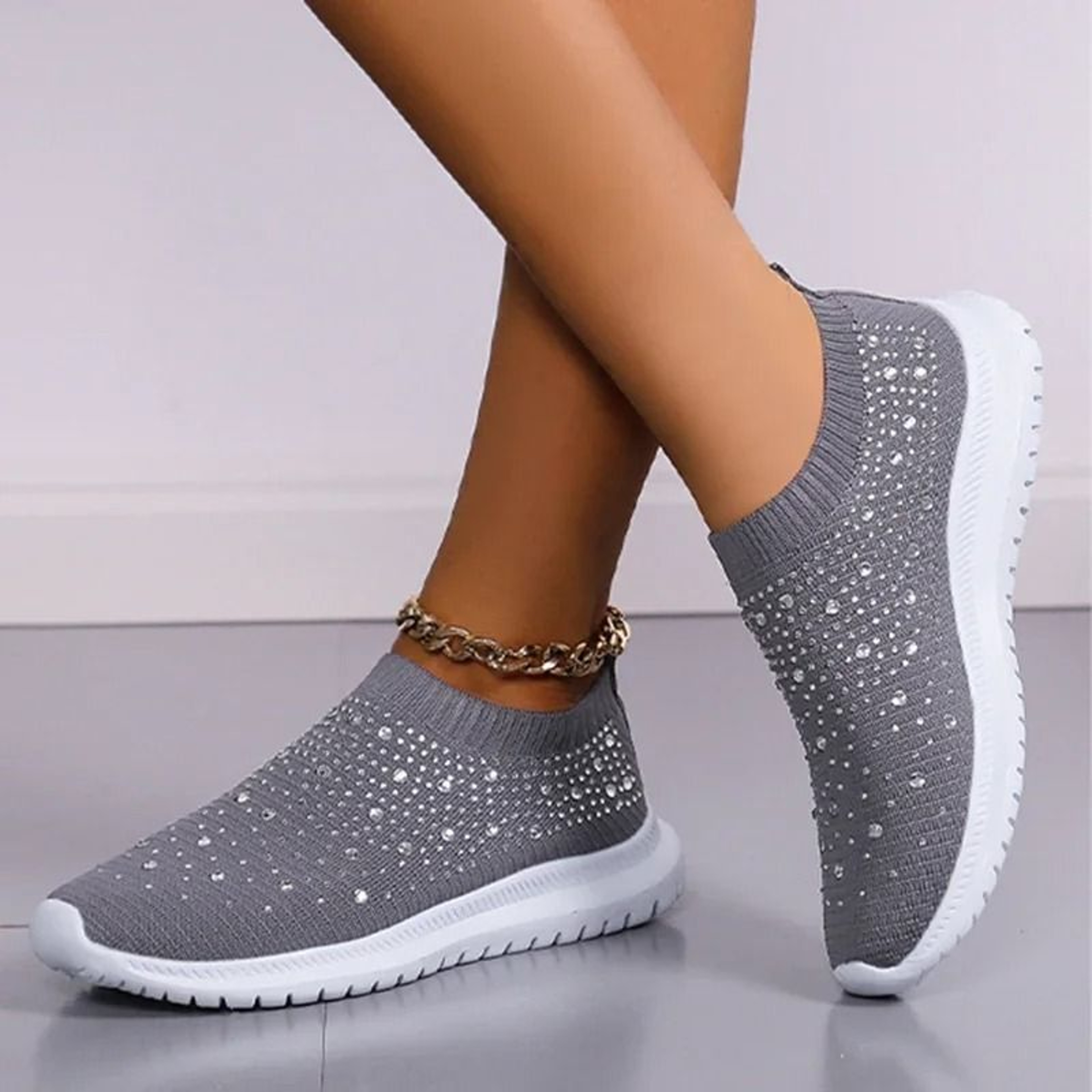 Women Breathable Mesh Crystal Flats Plus Size Soft Sole Sports Shoes 8