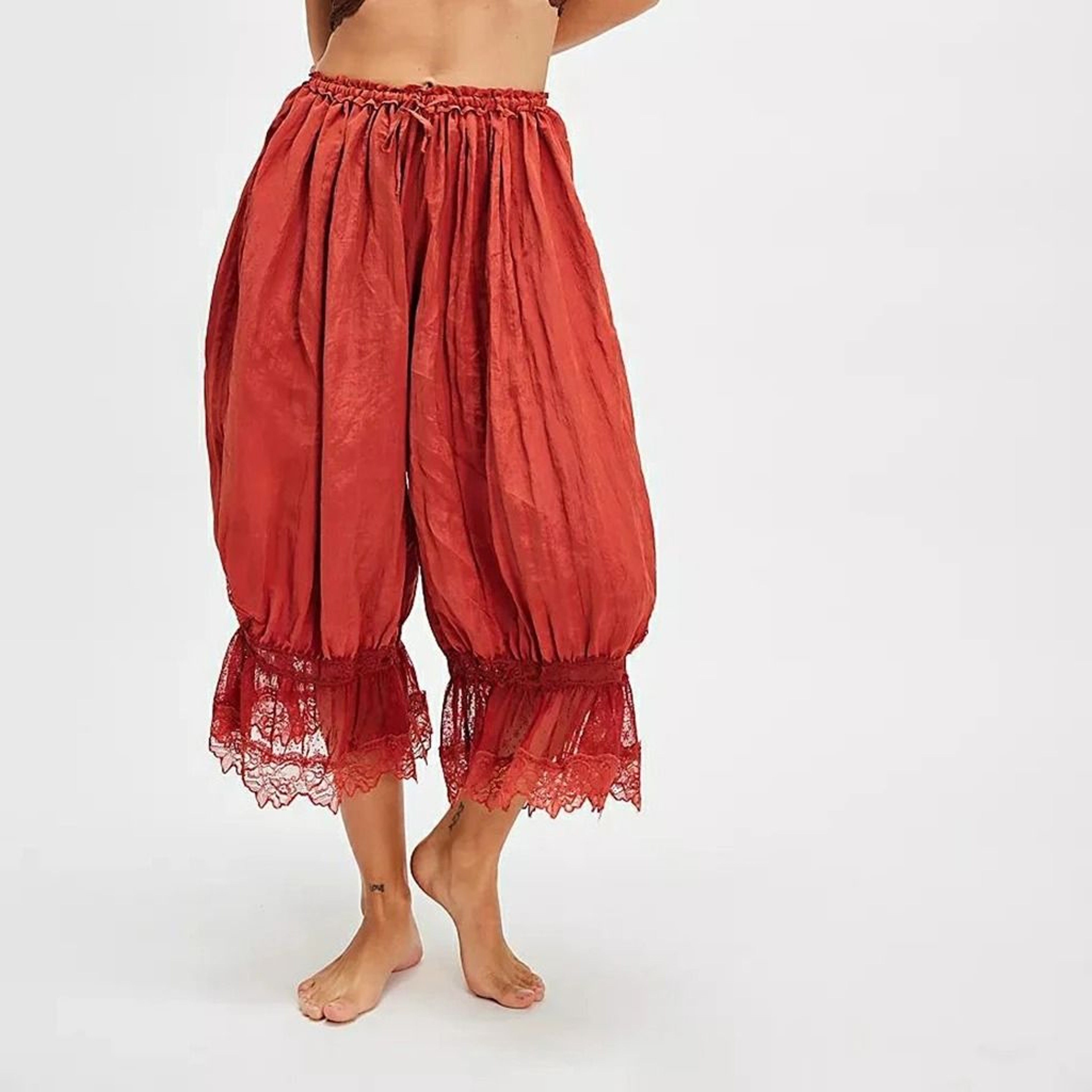 Womens High Waist Cropped Bloomers With Lace Detail And Drawstring Fit 4