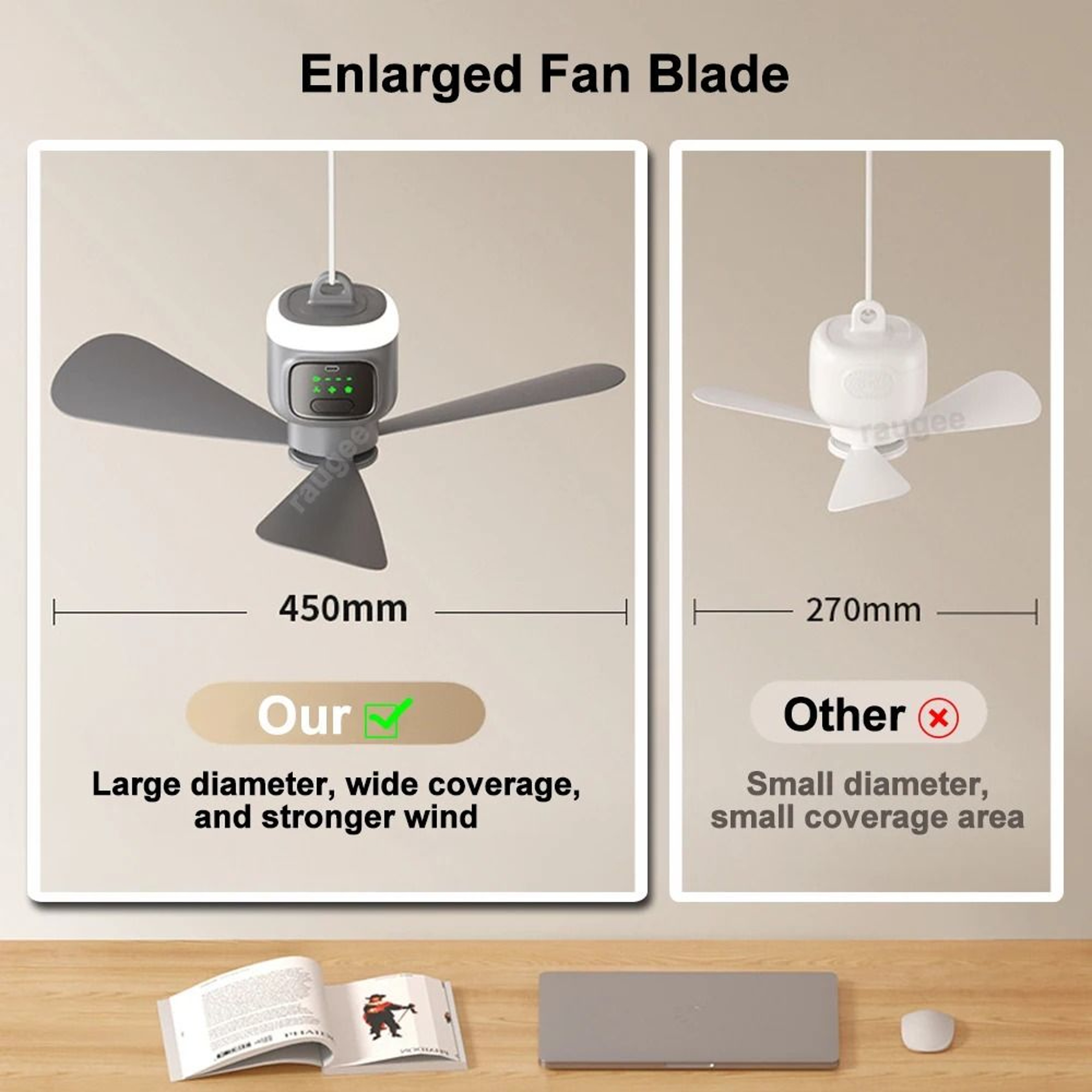 Portable Ceiling Fan Rechargeable Air Circulator With LED Light And Remote Control 1