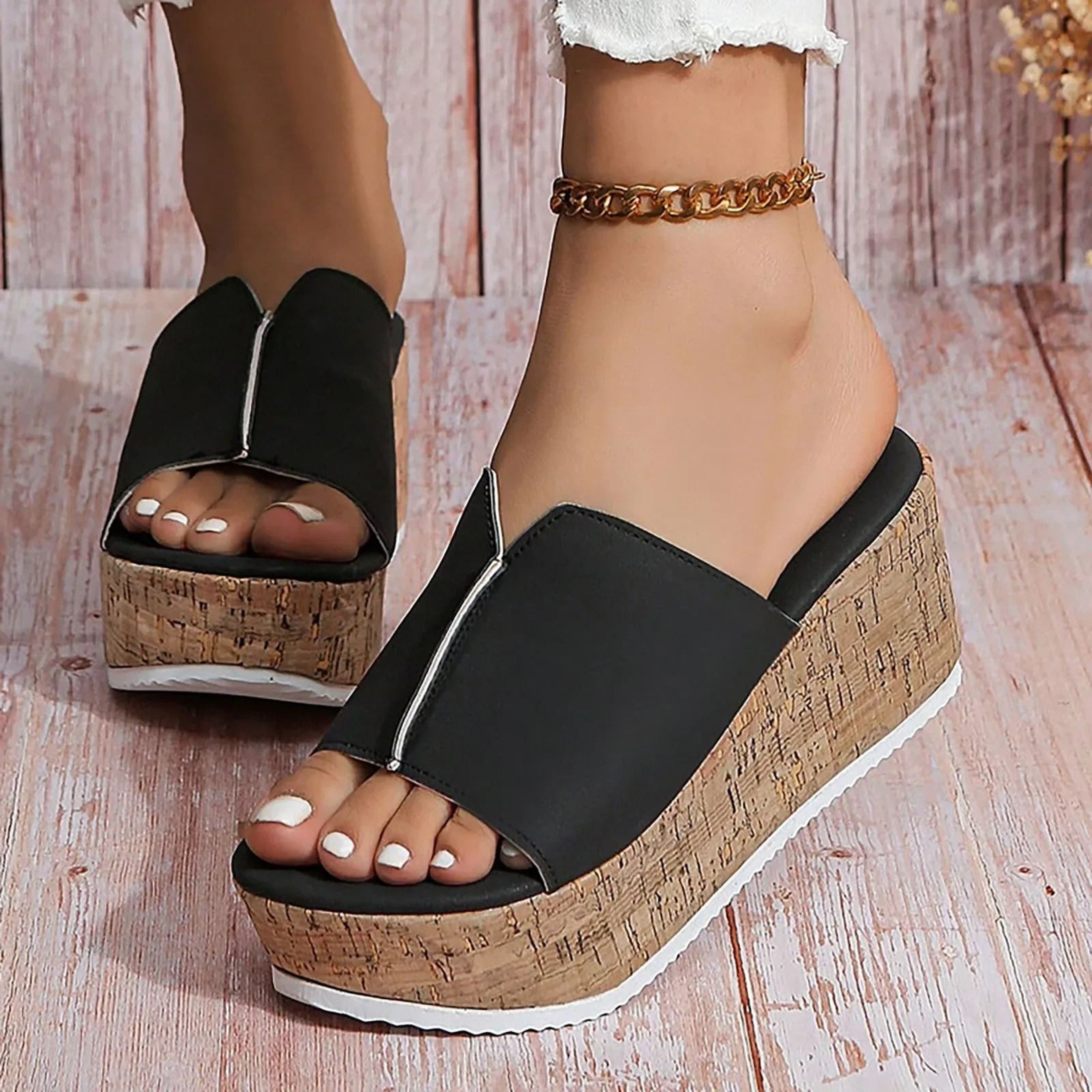 Leather Platform Wedge Slippers Womens Open Toe Summer Beach Shoes 1