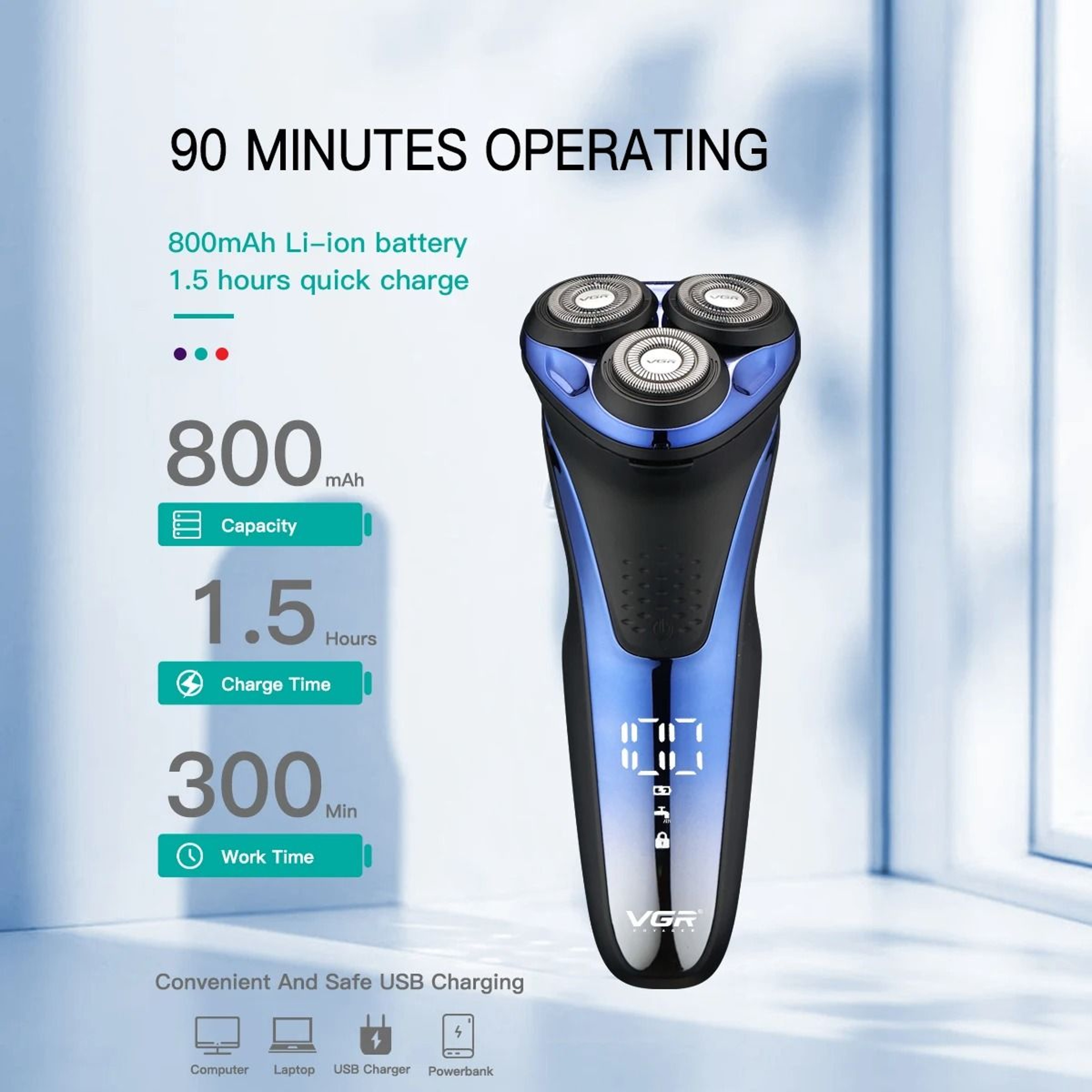 Waterproof Rotary Electric Shaver With Pop Up Trimmer Rechargeable V 306 4