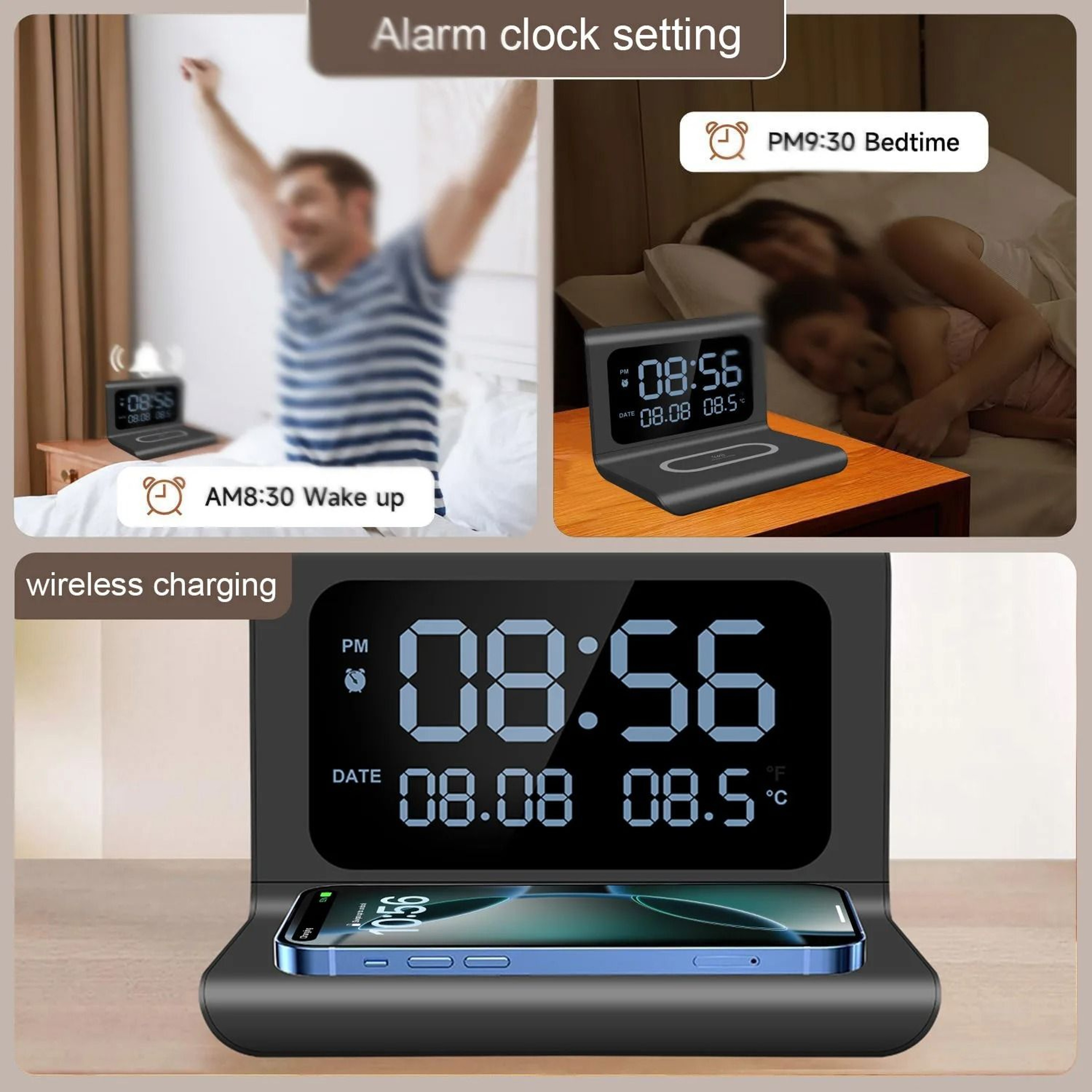 Wireless Charging Pad Stand With Alarm Clock And Thermometer 5