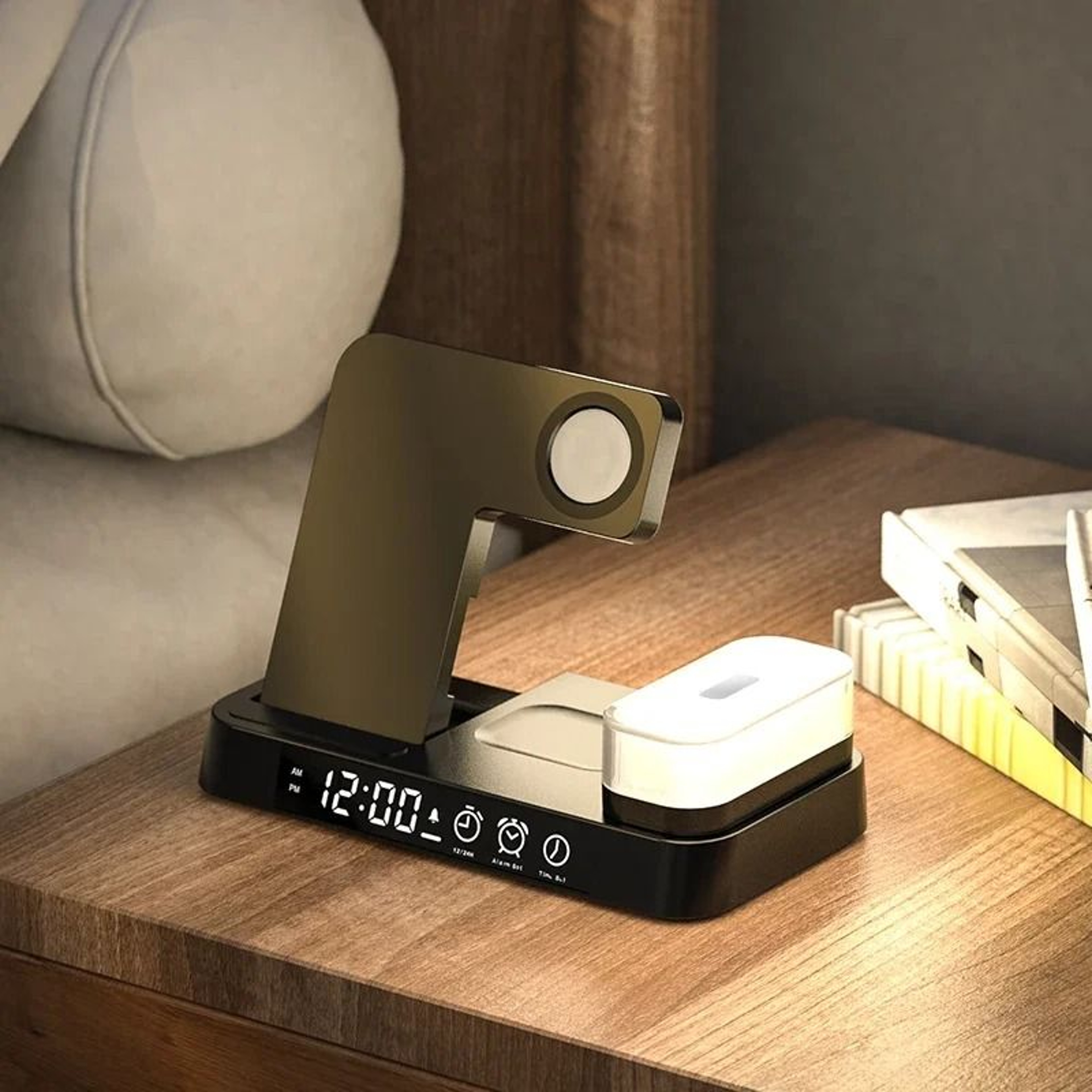 30W 3in1 Wireless Charging Stand Alarm Clock Night Light Station 3