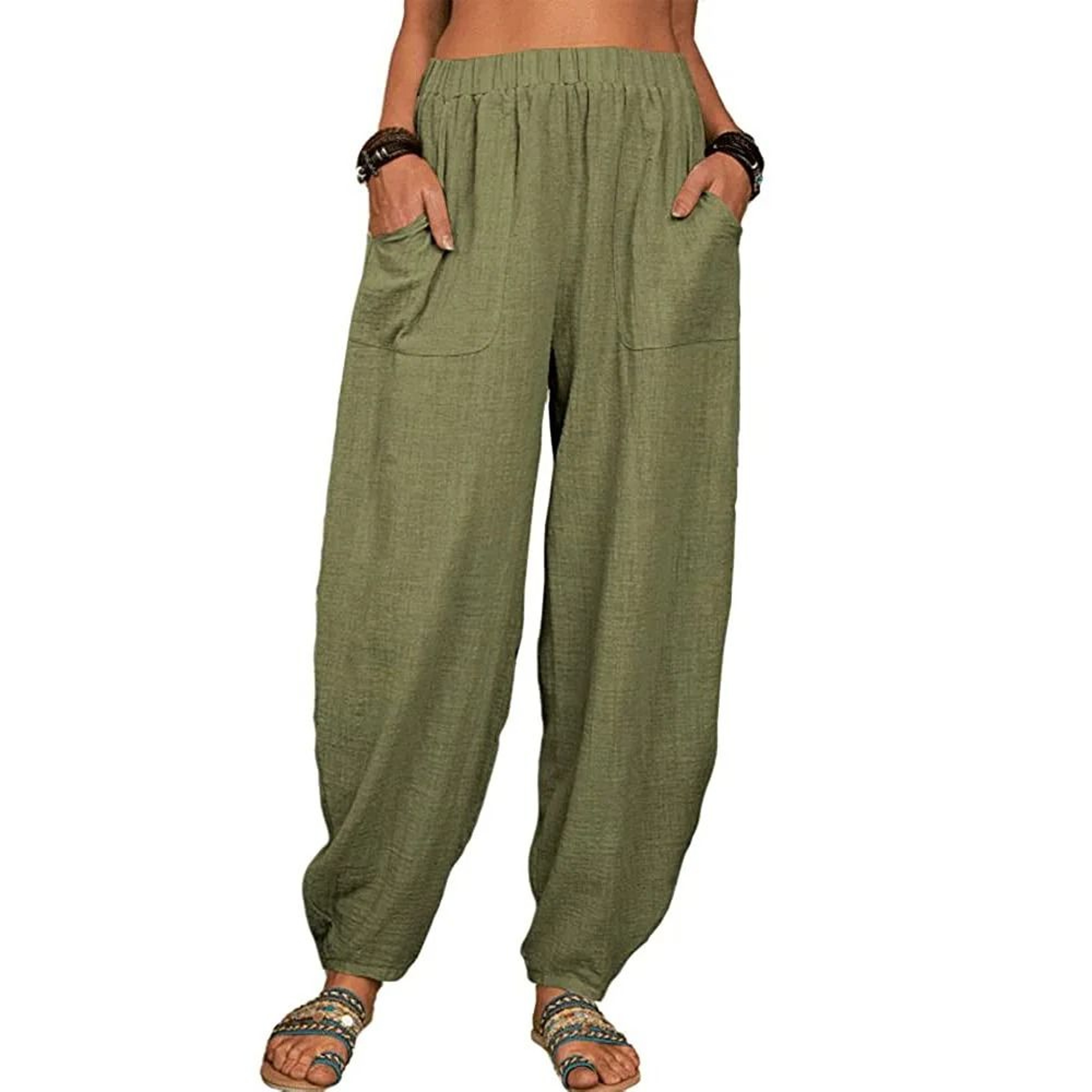 Womens Cotton Linen Wide Leg Harem Pants 7