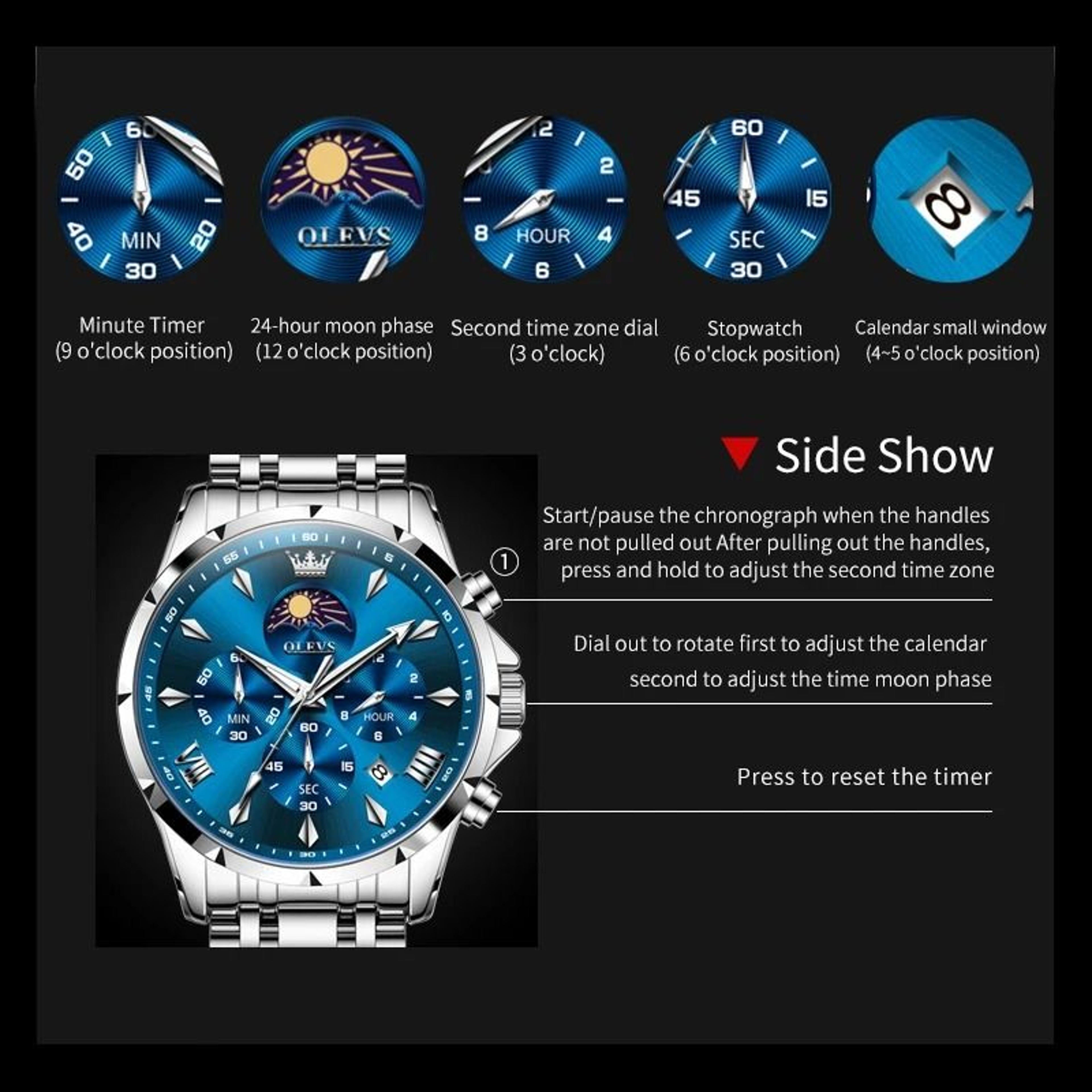 Luxury Mens Chronograph Watch With Moon Phase And Waterproof Design 2