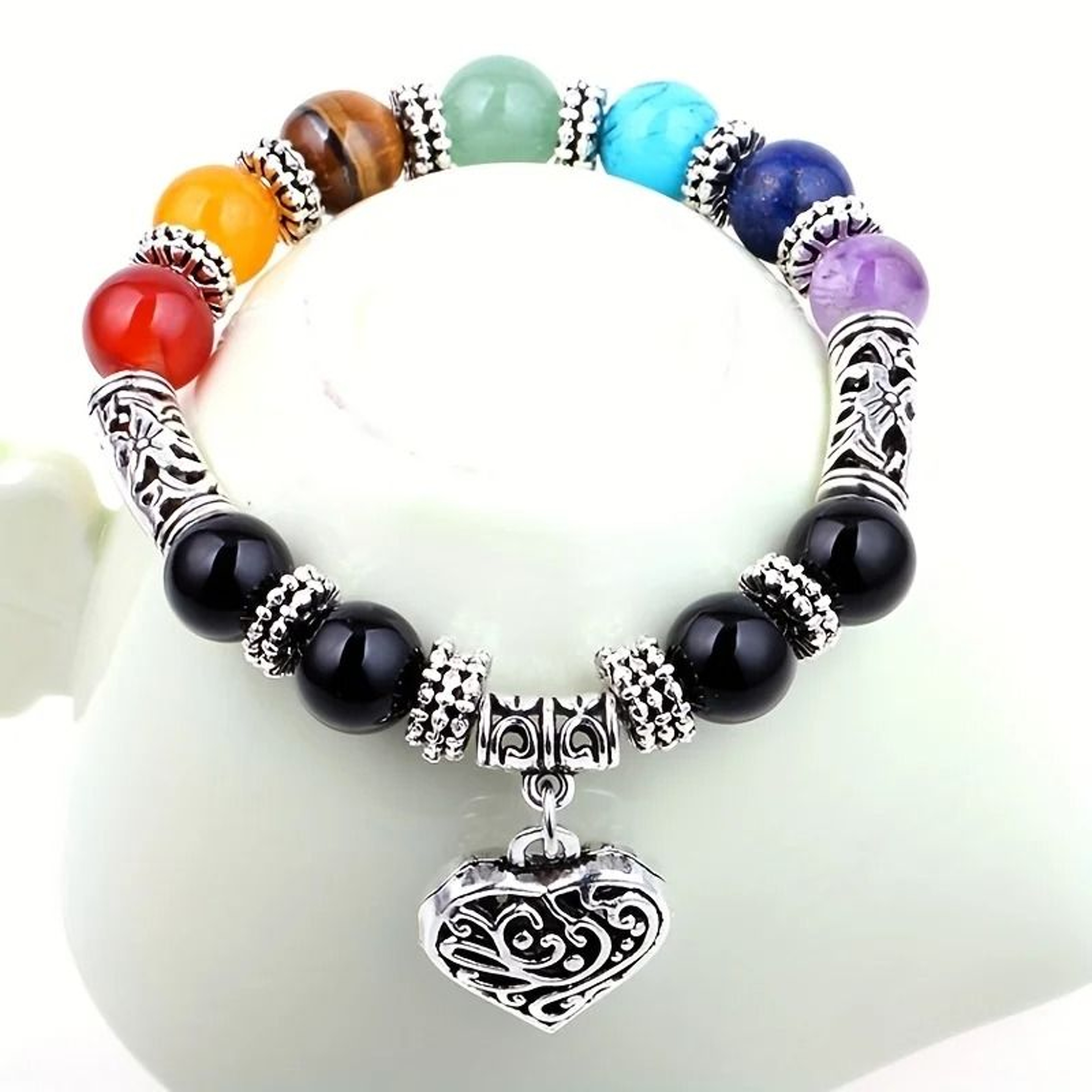 Chakra Healing Stone Beaded Bracelet With Love Pendant 2