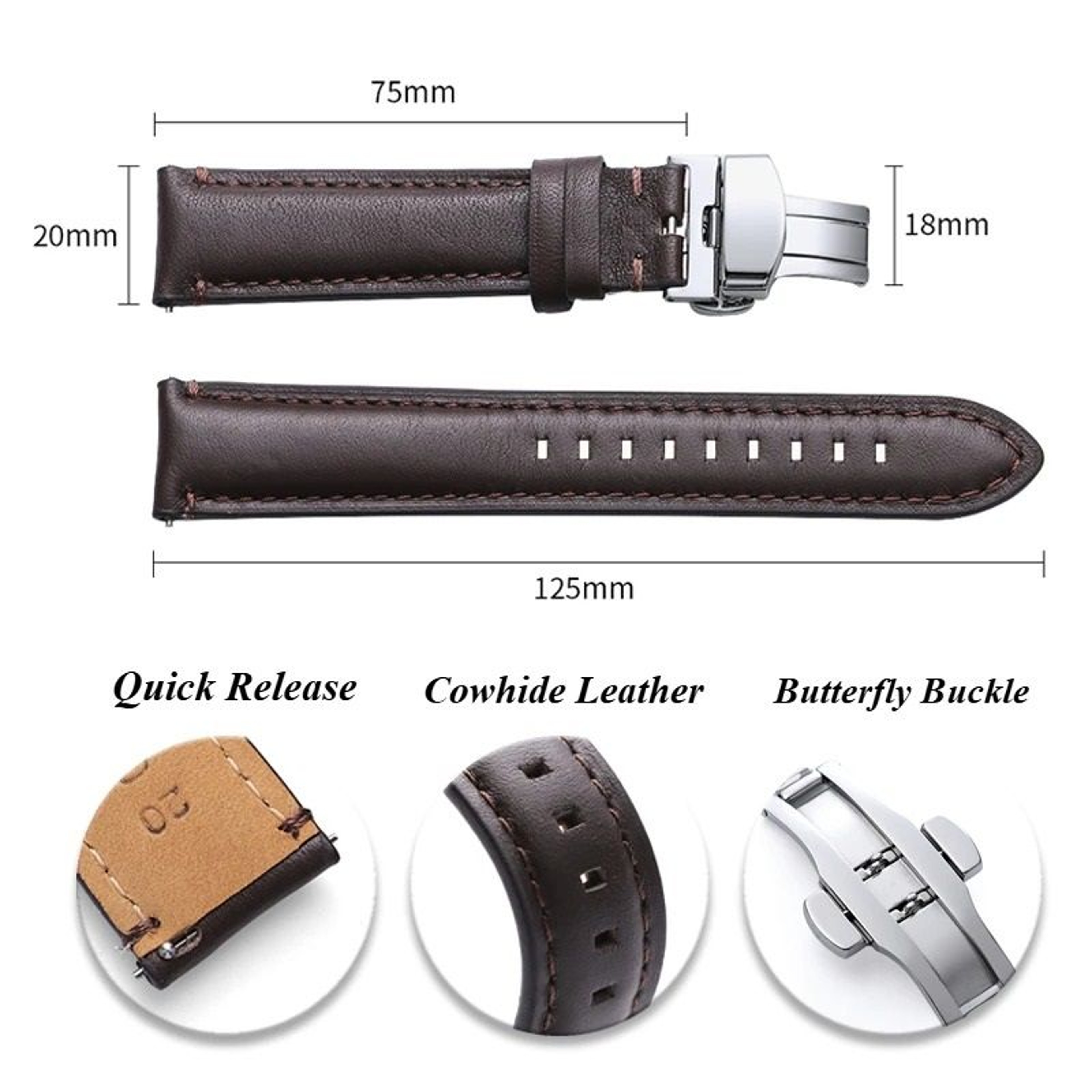 Genuine Cowhide Leather Watch Strap With Classic Stitching 2