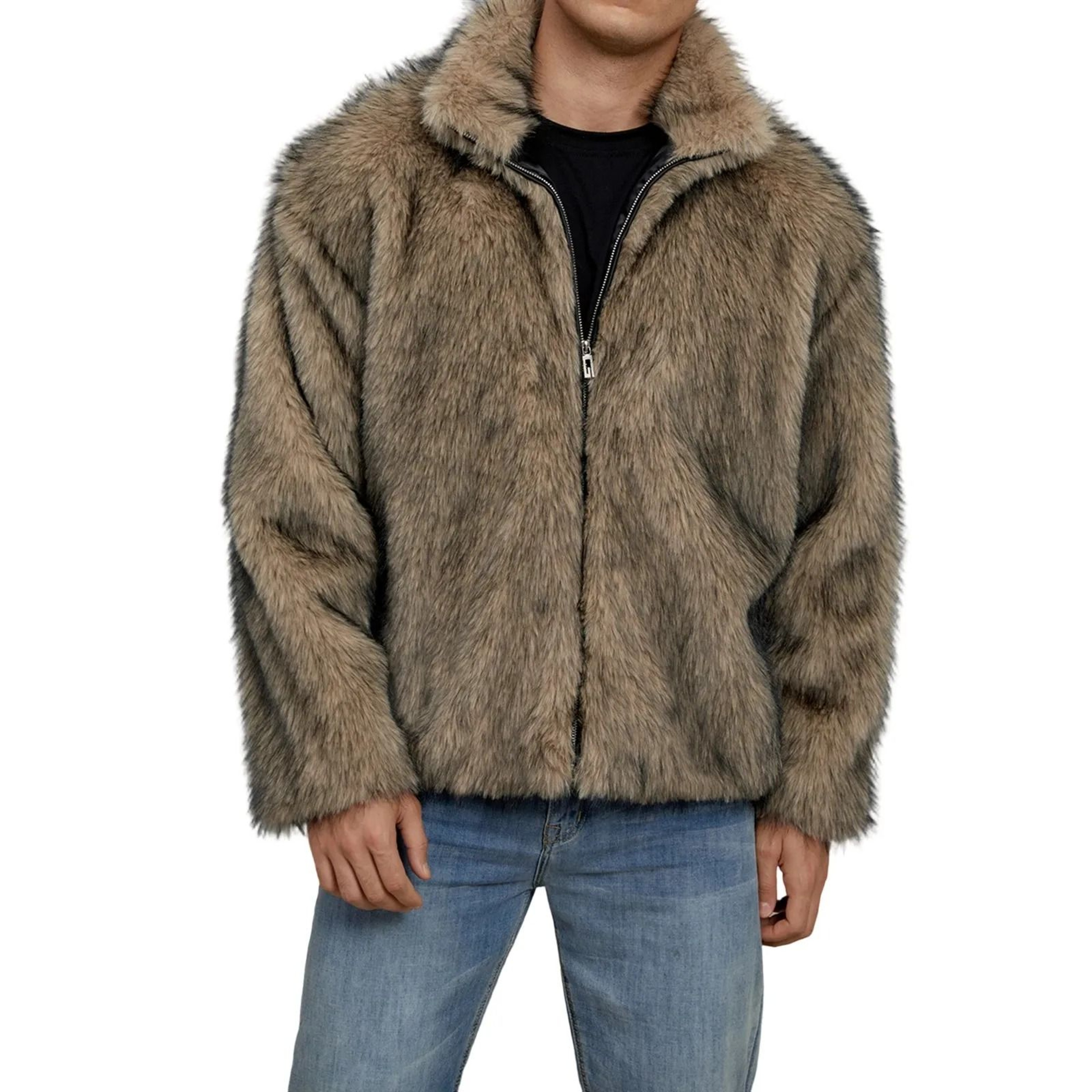 Mens Faux Fur Winter Jacket With Stand Collar And Zip Up Closure 7