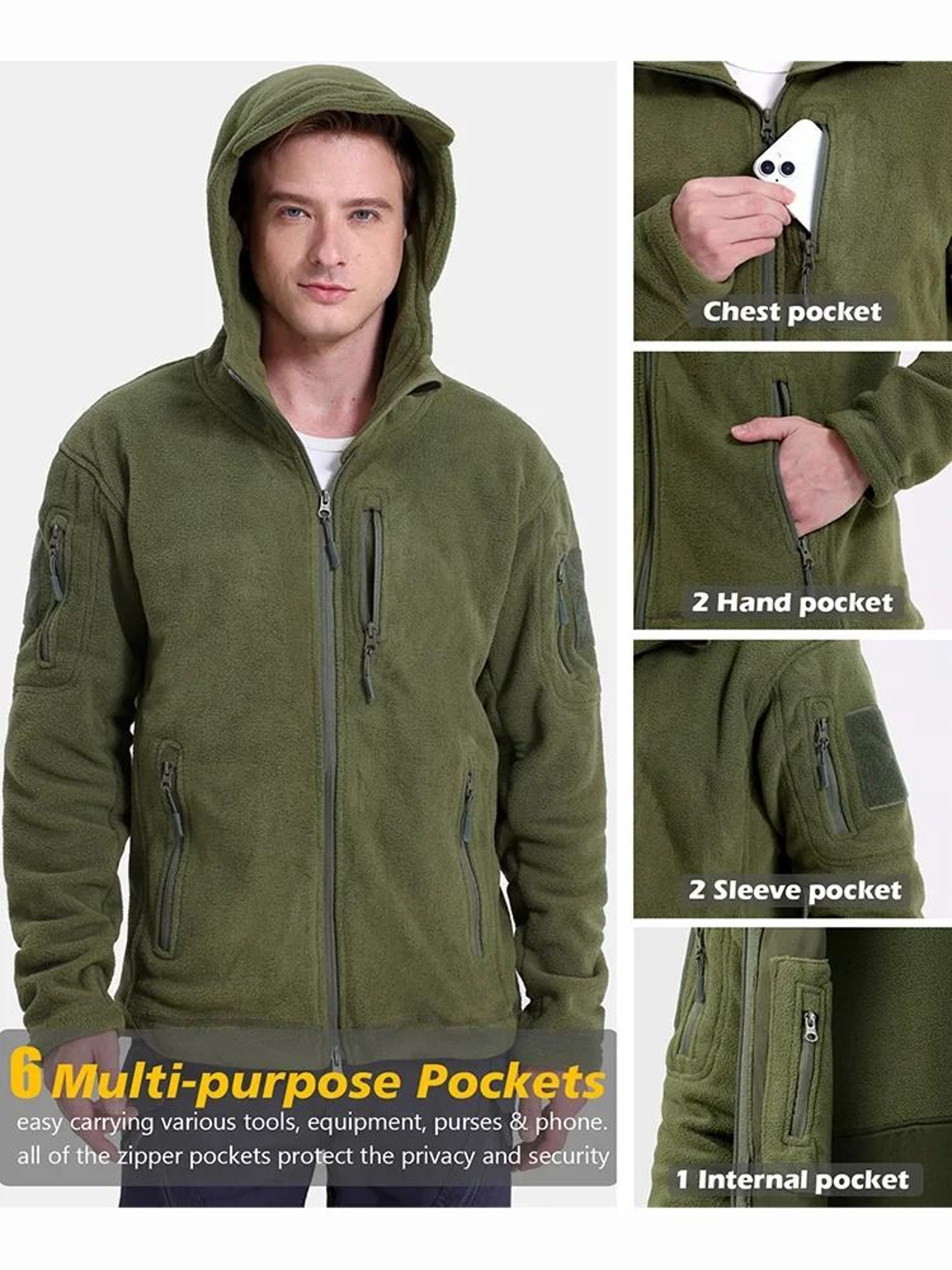 Mens Winter Tactical Fleece Jacket With Multiple Pockets And Hood 2