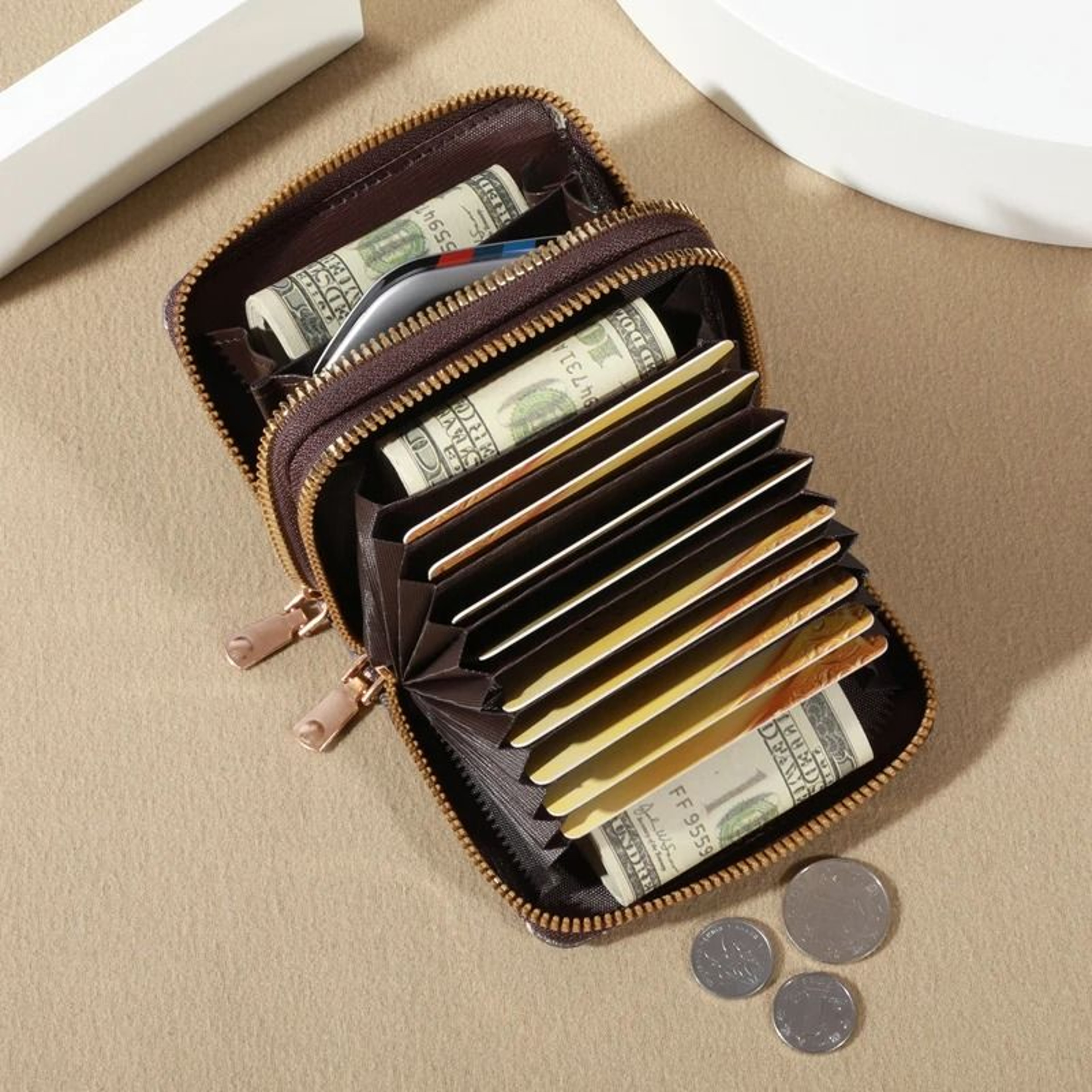 Vintage Faux Leather Card Holder Wallet With Zipper And Coin Pocket 1