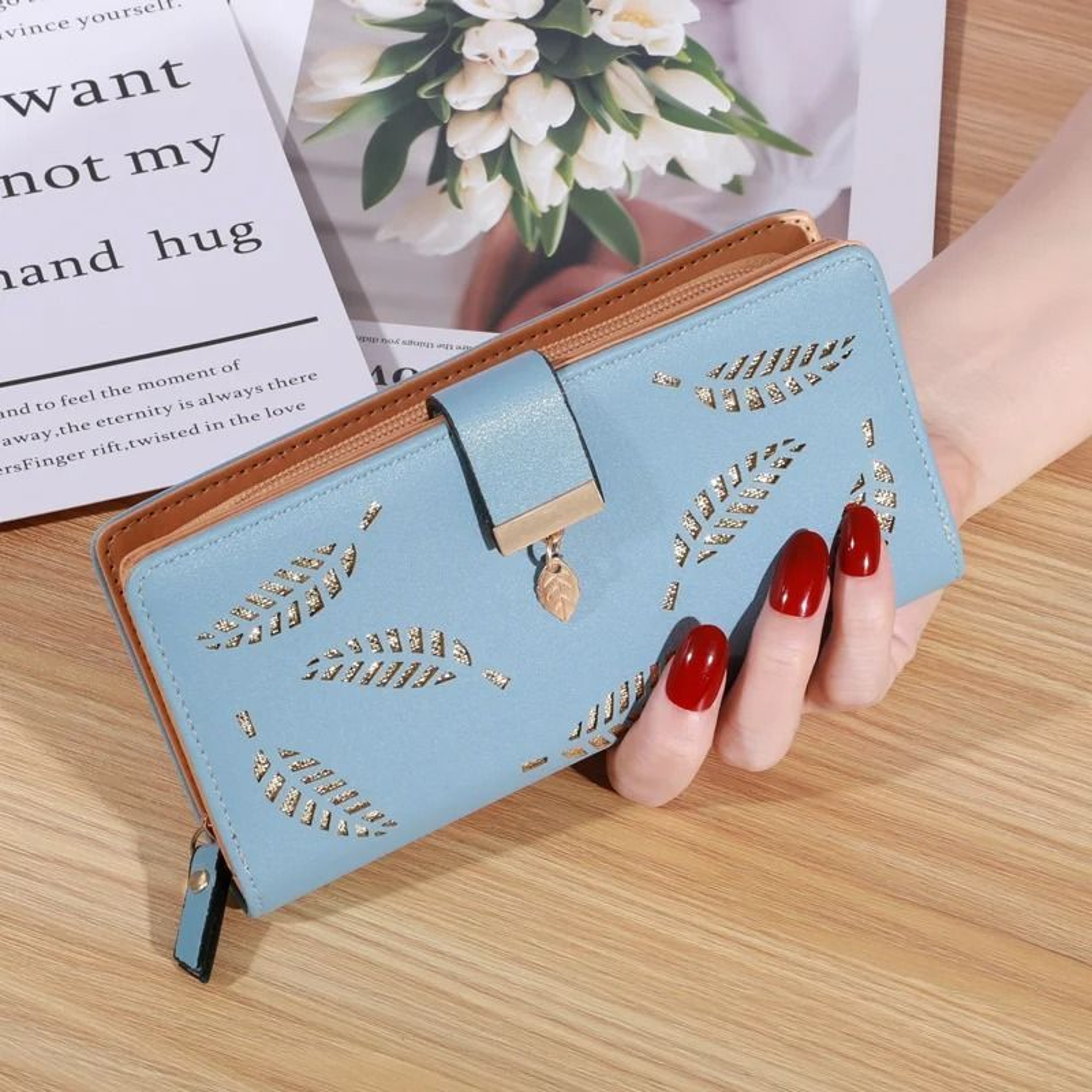 Womens Long PU Leather Wallet With Gold Leaf Detail And Coin Pocket 4