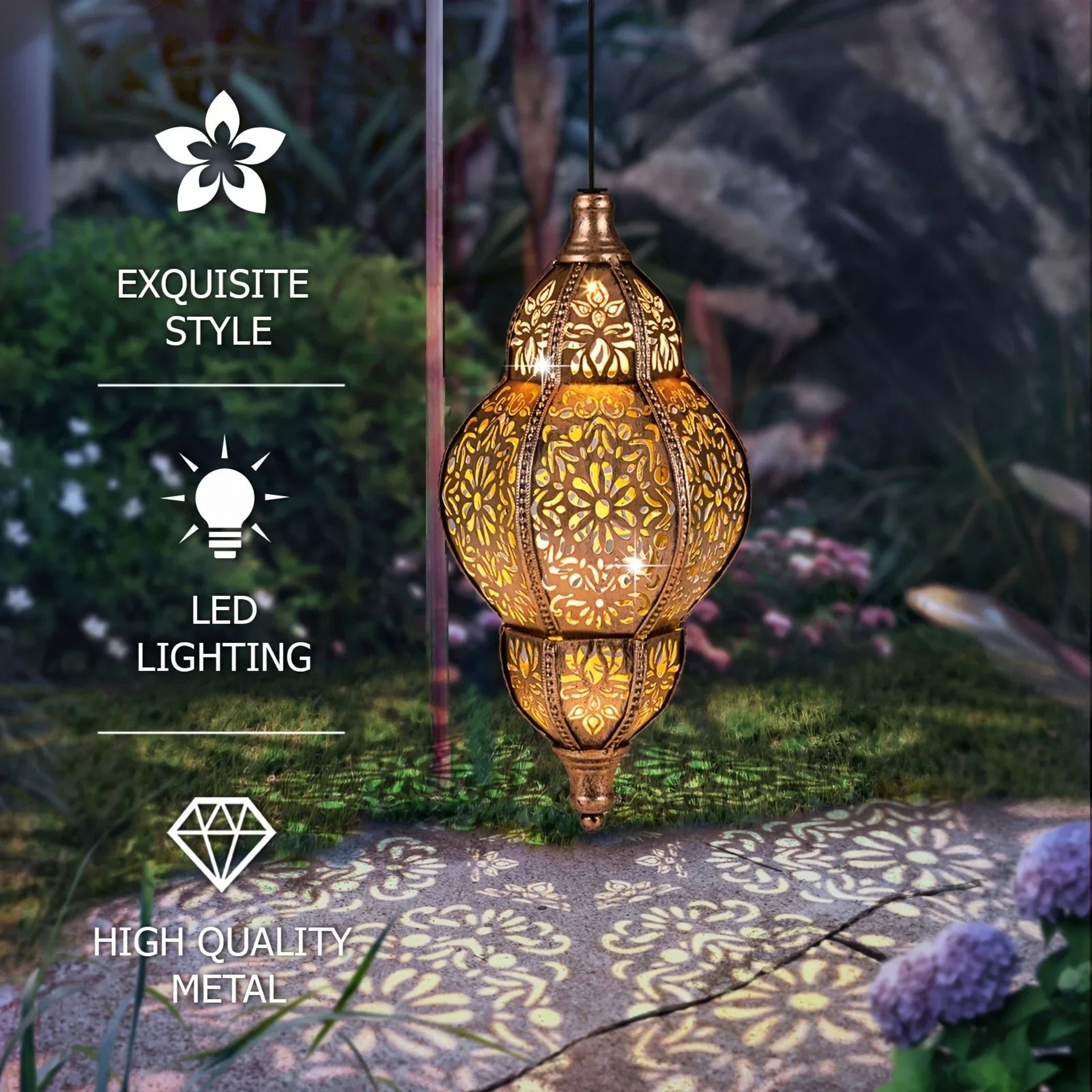 Solar Outdoor Pendant Light Iron Hollow Out Projection Lantern 4