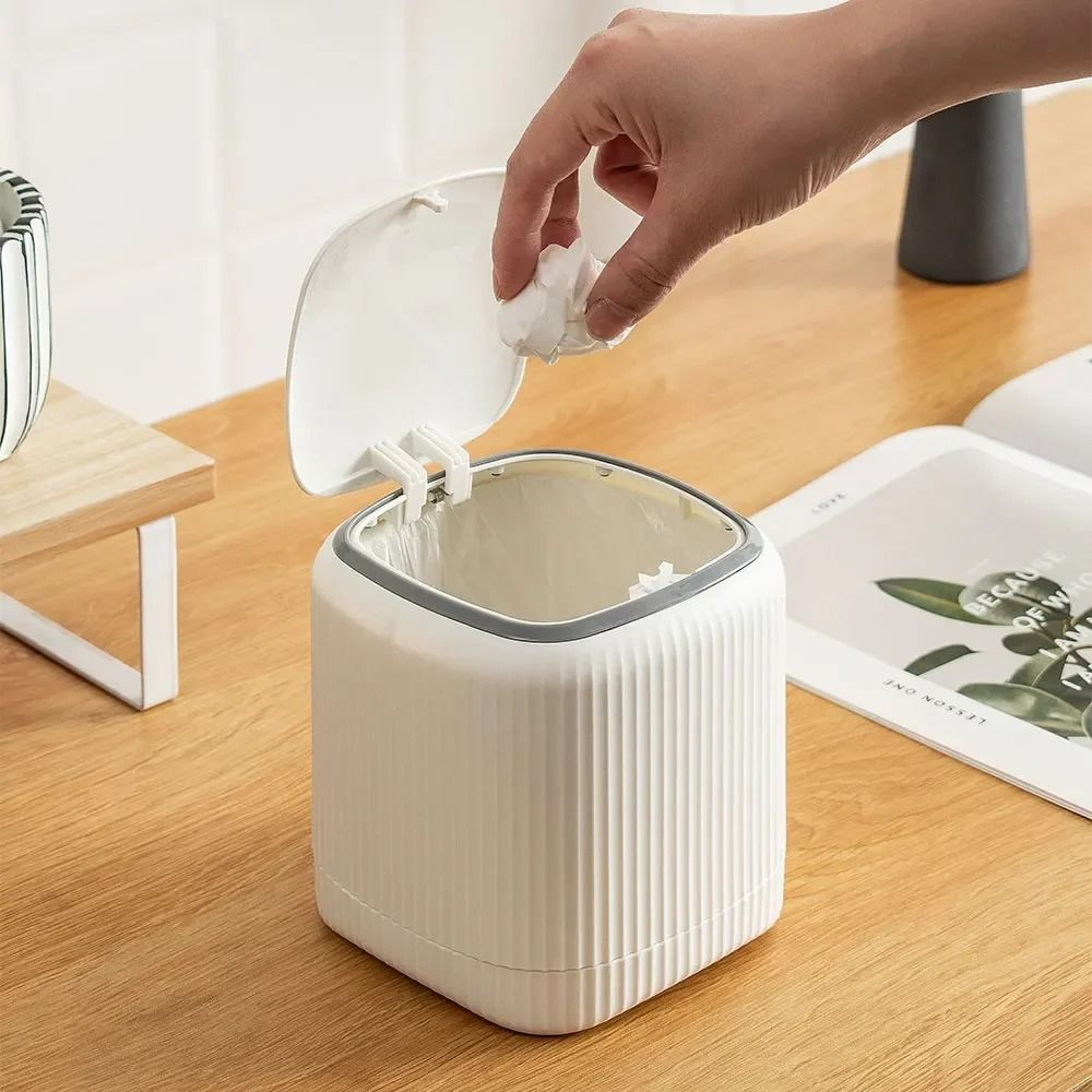 Keep Your Workspace Neat And Efficient With This Double Barrel Desktop Trash Can With Lid Featuring 2