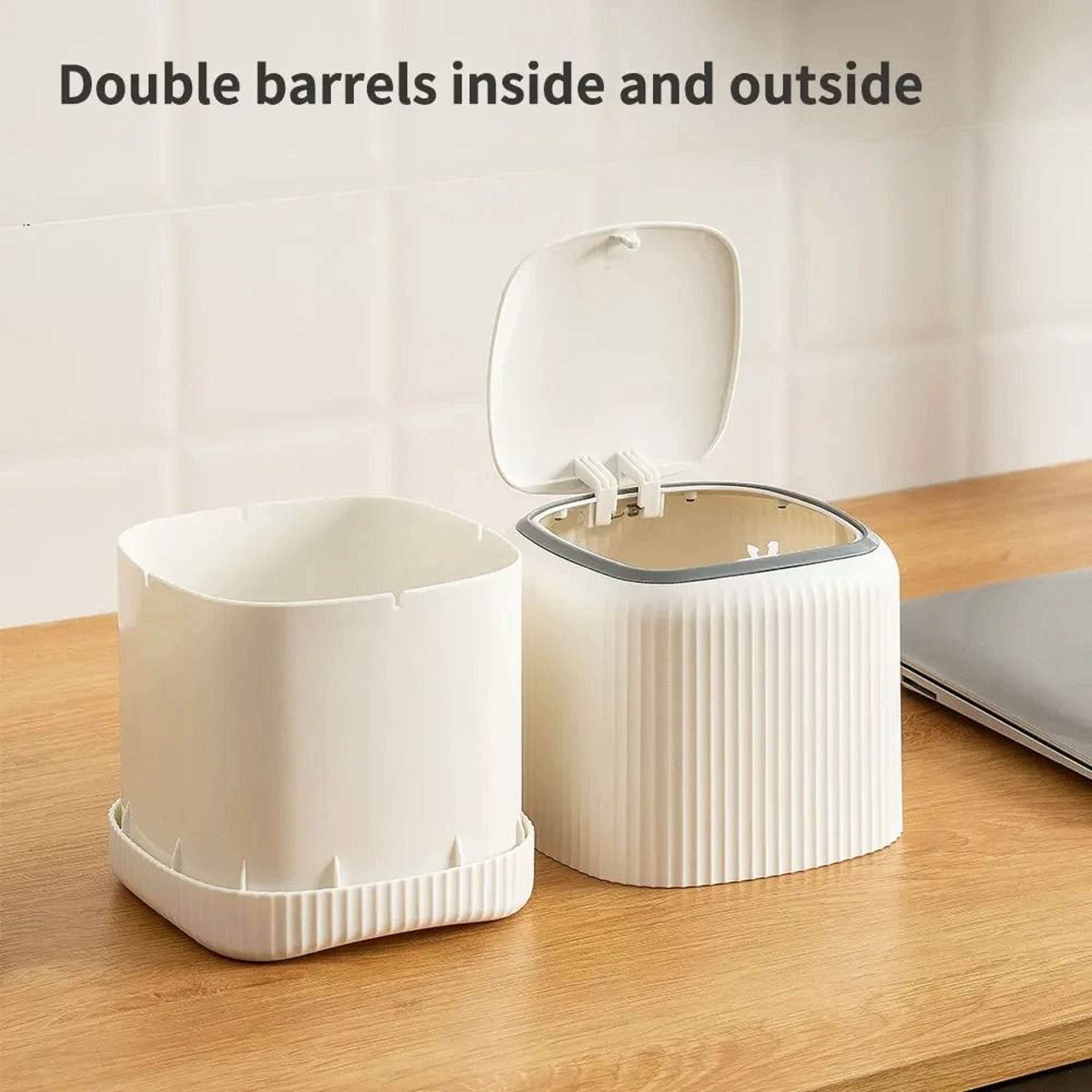 Keep Your Workspace Neat And Efficient With This Double Barrel Desktop Trash Can With Lid Featuring 3