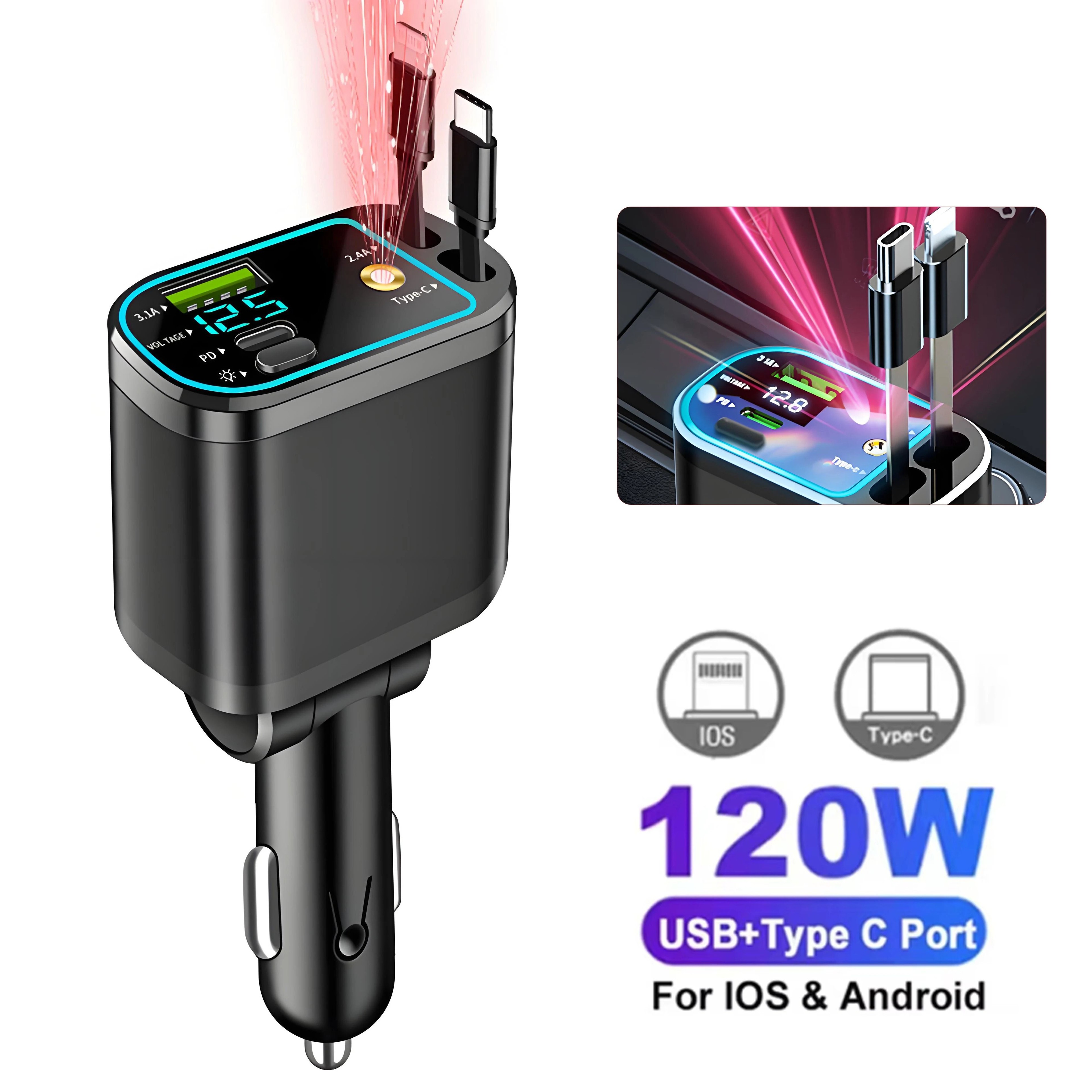 Car Charger With Retractable Cable And Fast Charging Power Display 11