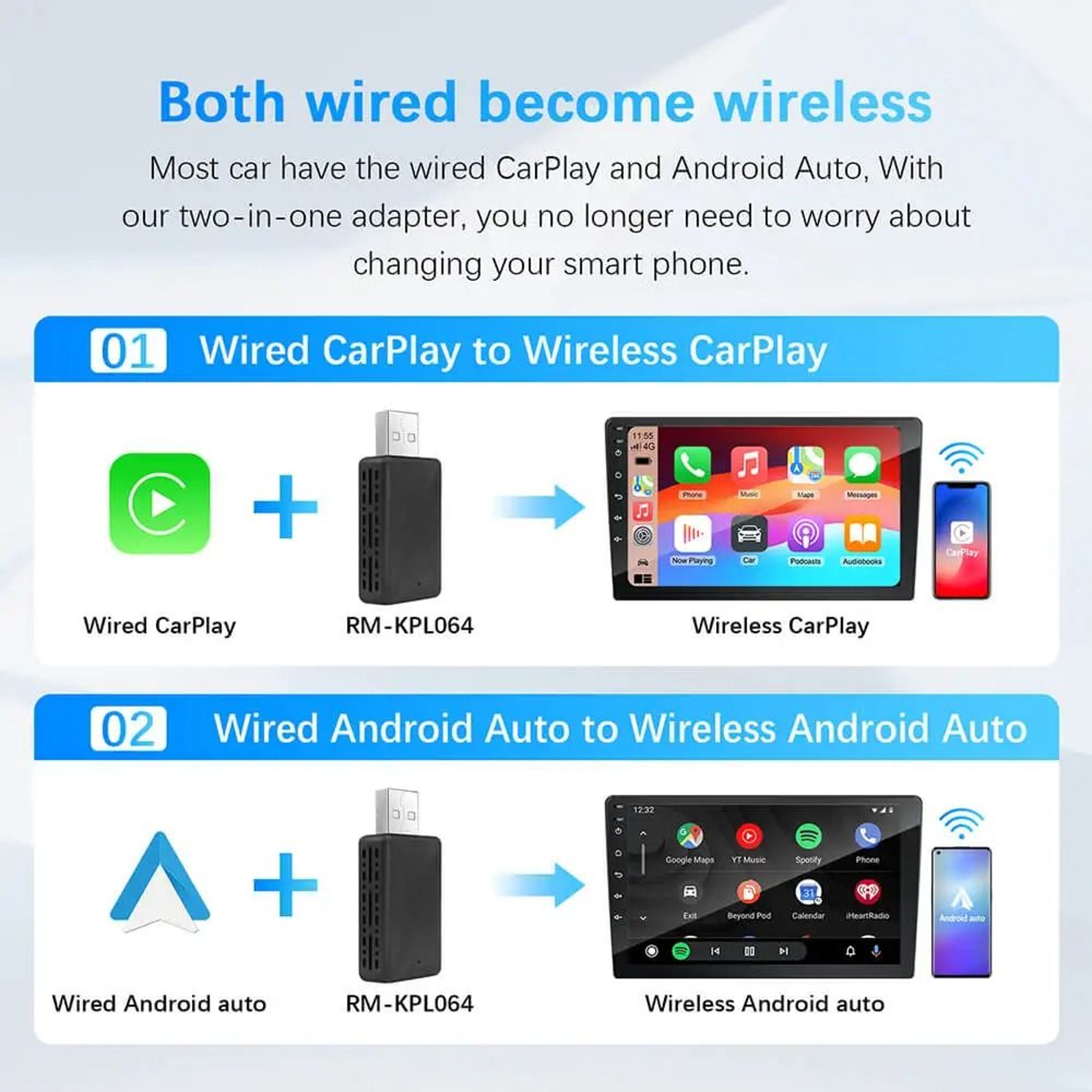 Car Wireless CarPlay And Android Auto Adapter With USB Plug And Play 2