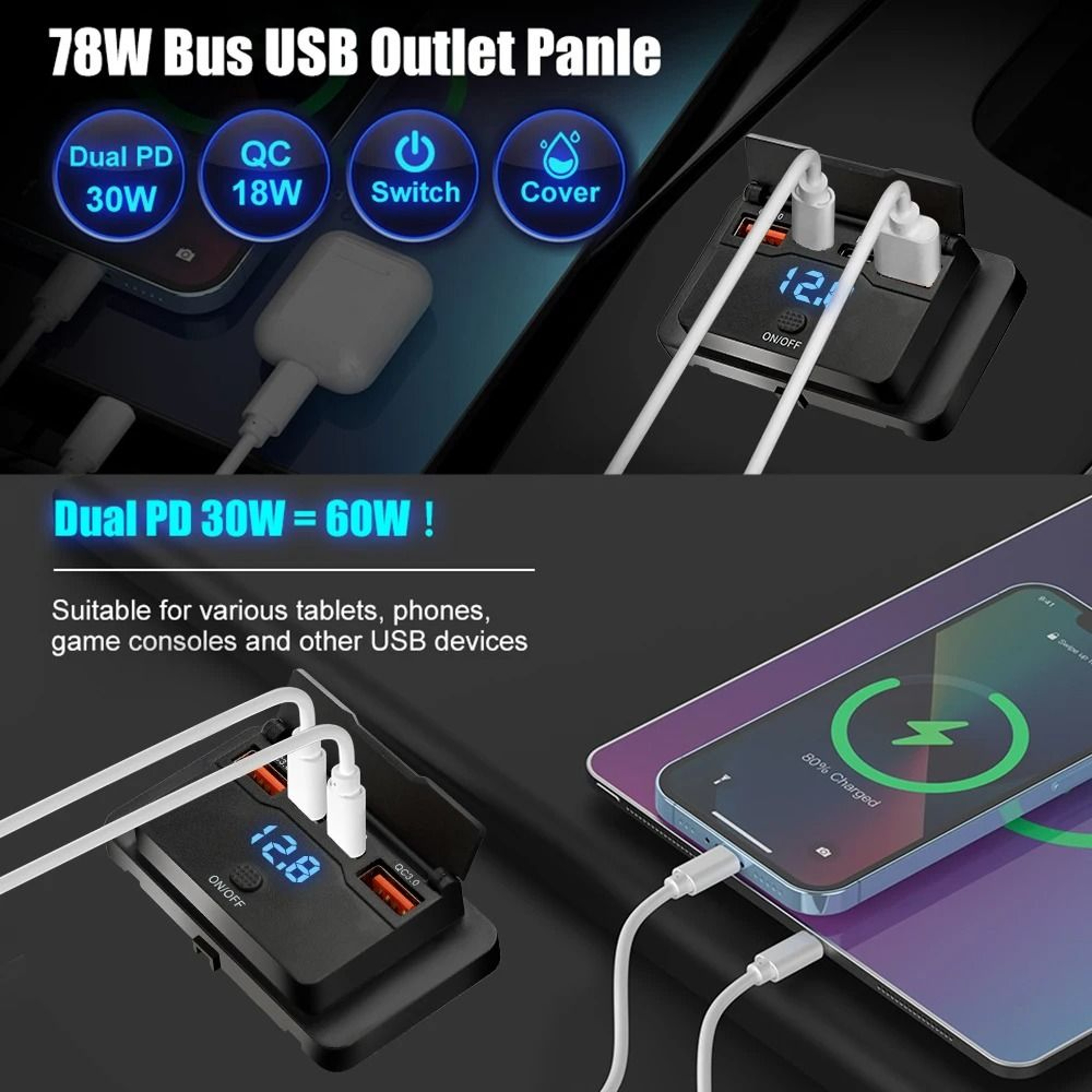 Dual PD And Dual QC USB Car Charger 96watt For Vehicles 2