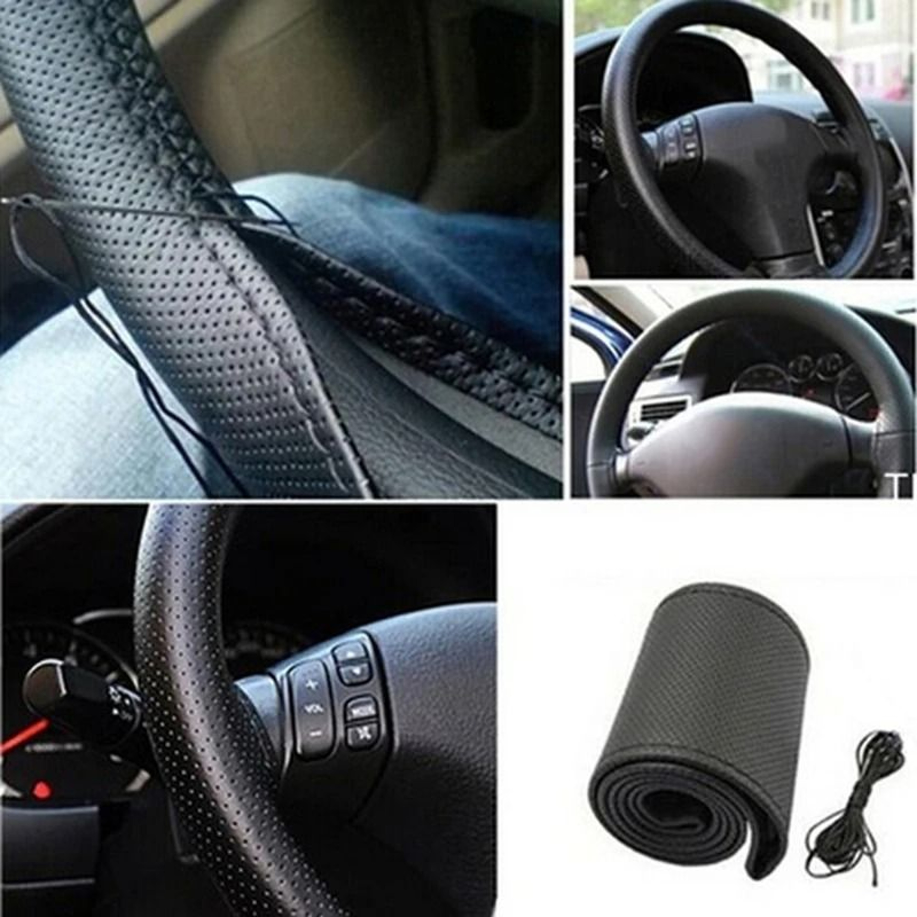 Car Steering Wheel Cover Set Artificial Leather DIY Stitch Thread Trio Color 3