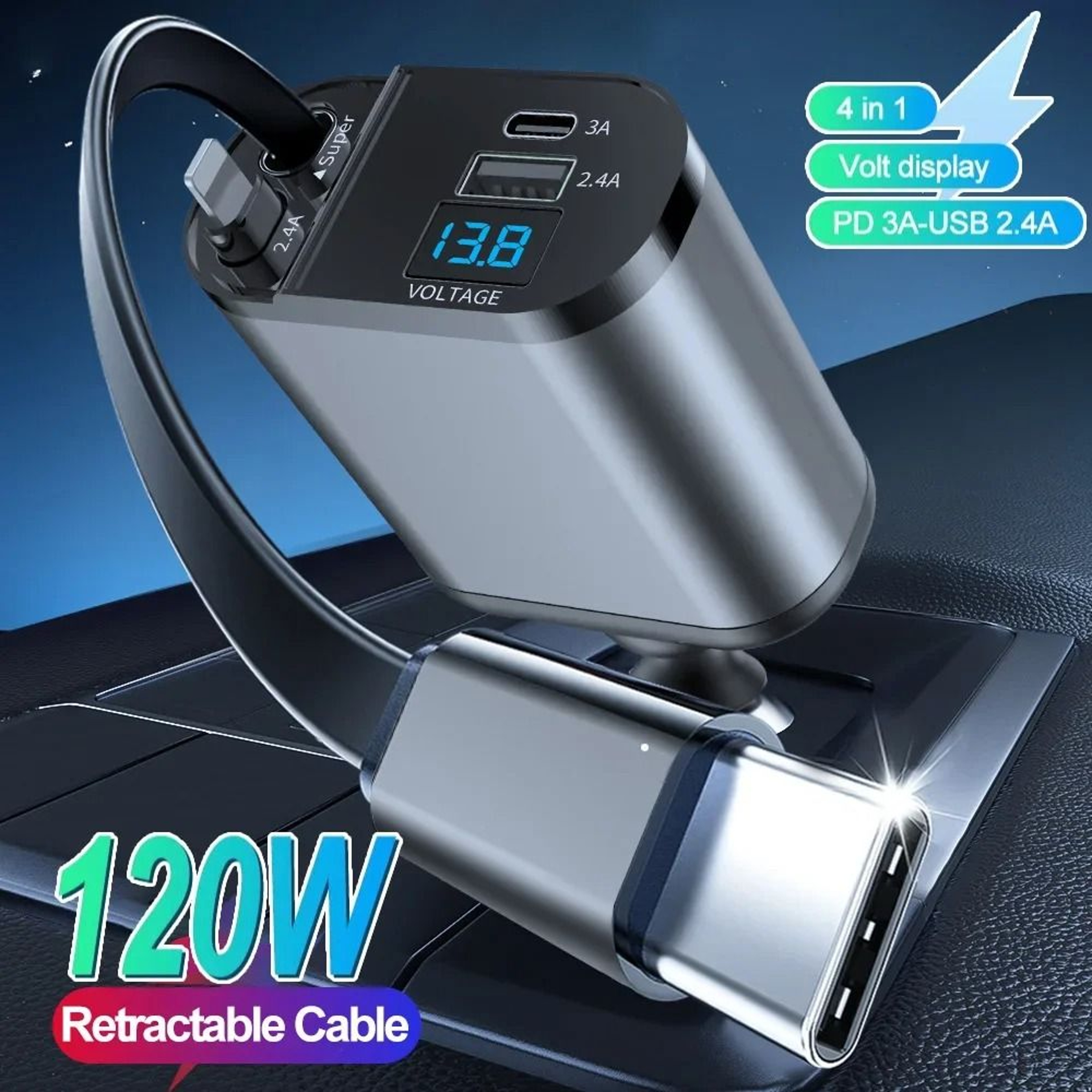4 In 1 Retractable Car Charger With 120W Fast Charge And Type C Cable 0