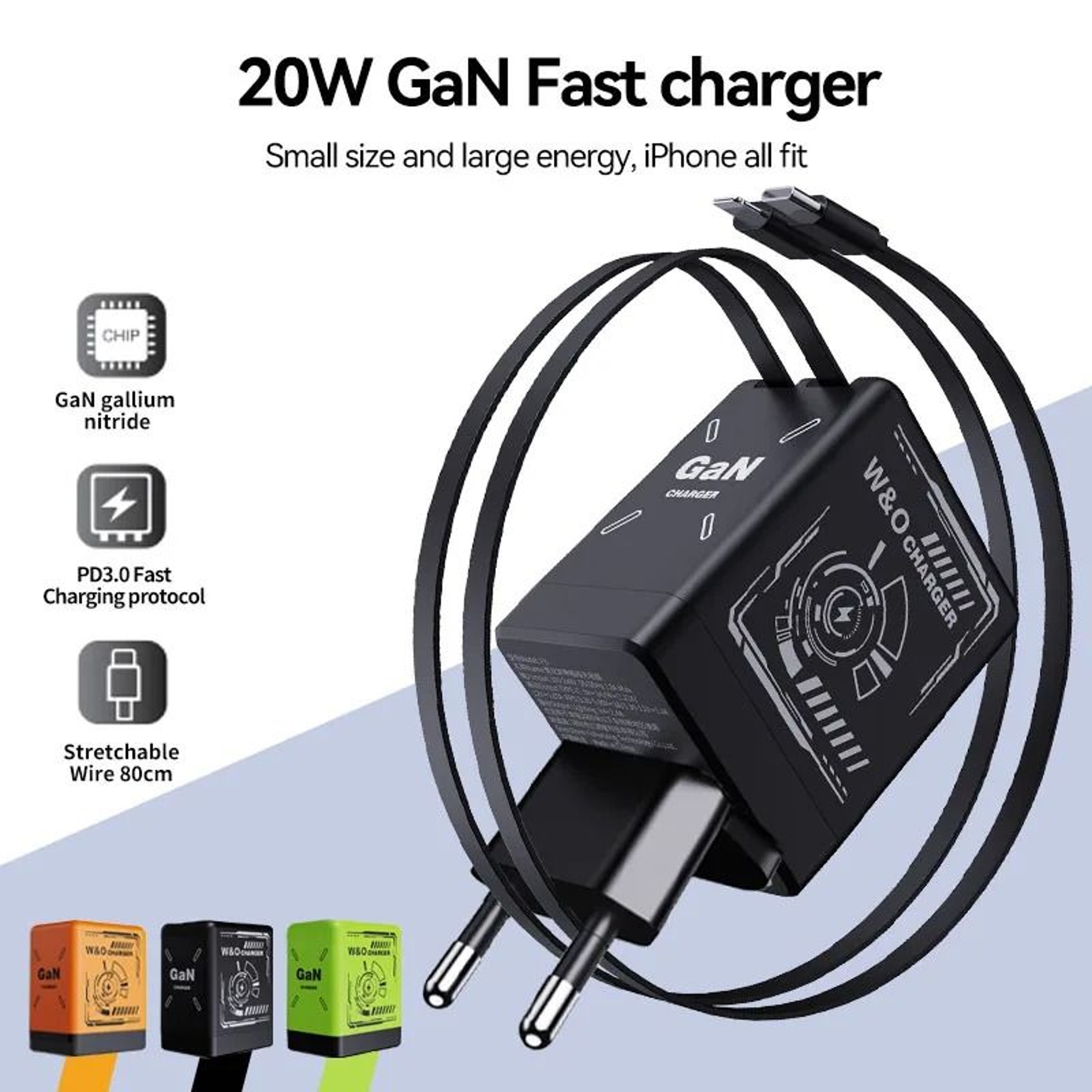 2 In 1 GaN 120W Fast Charger With Retractable TypeC And Lightning Cable 0