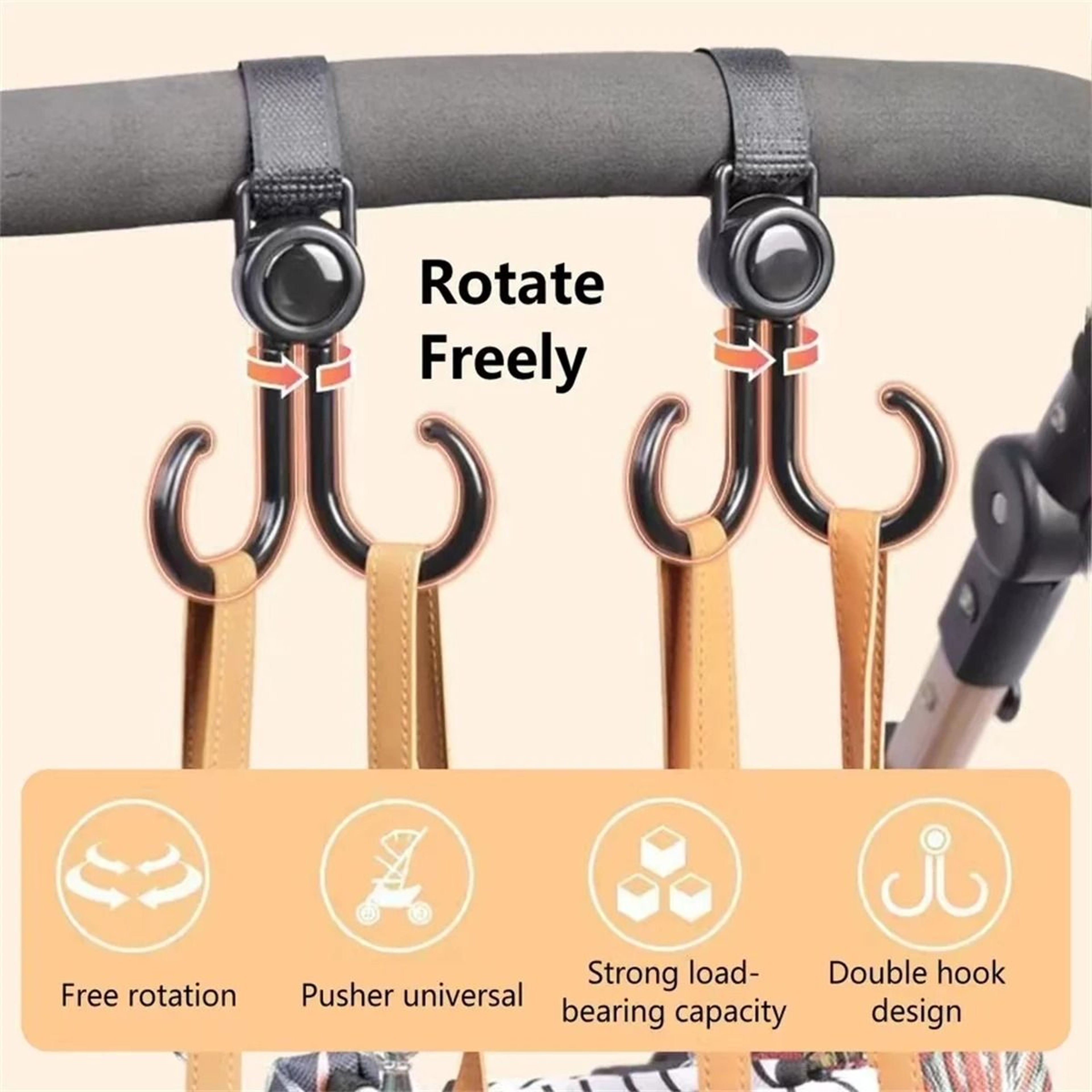 2 Piece PU Leather Stroller Hook Set With 360 Degree Rotation 1