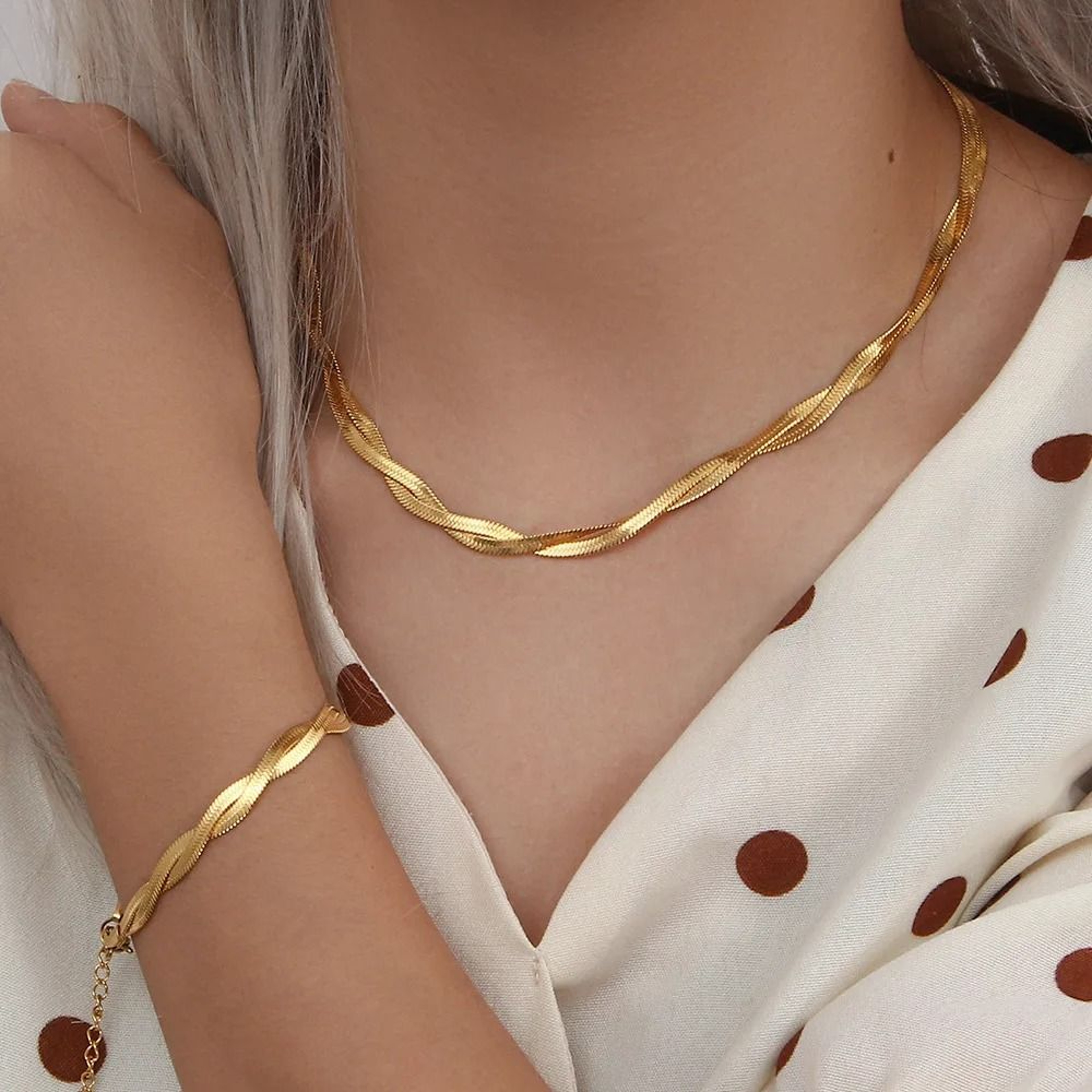 Gold Plated Waterproof Braided Herringbone Chain Necklace And Bracelet Set For Women 0