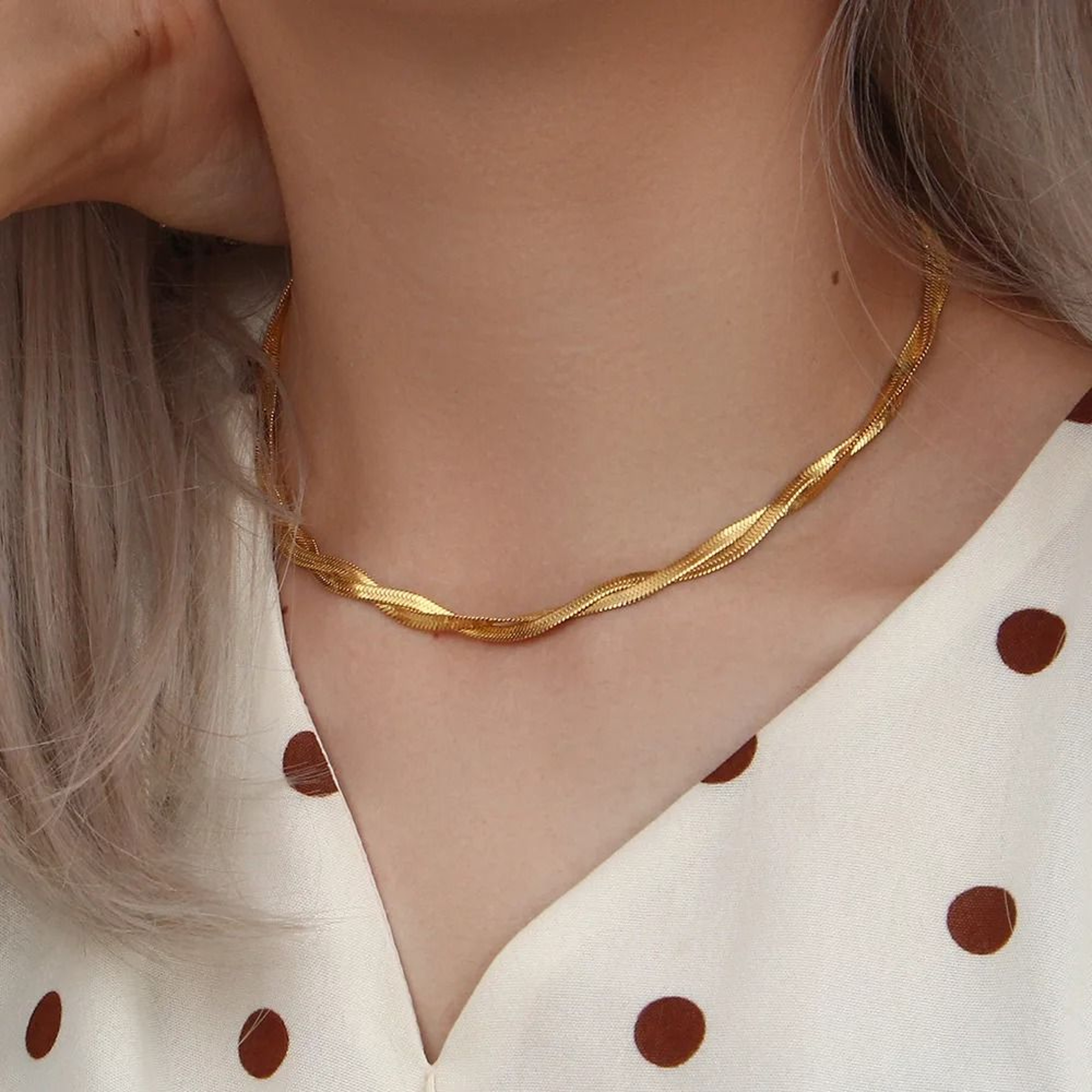 Gold Plated Waterproof Braided Herringbone Chain Necklace And Bracelet Set For Women 3