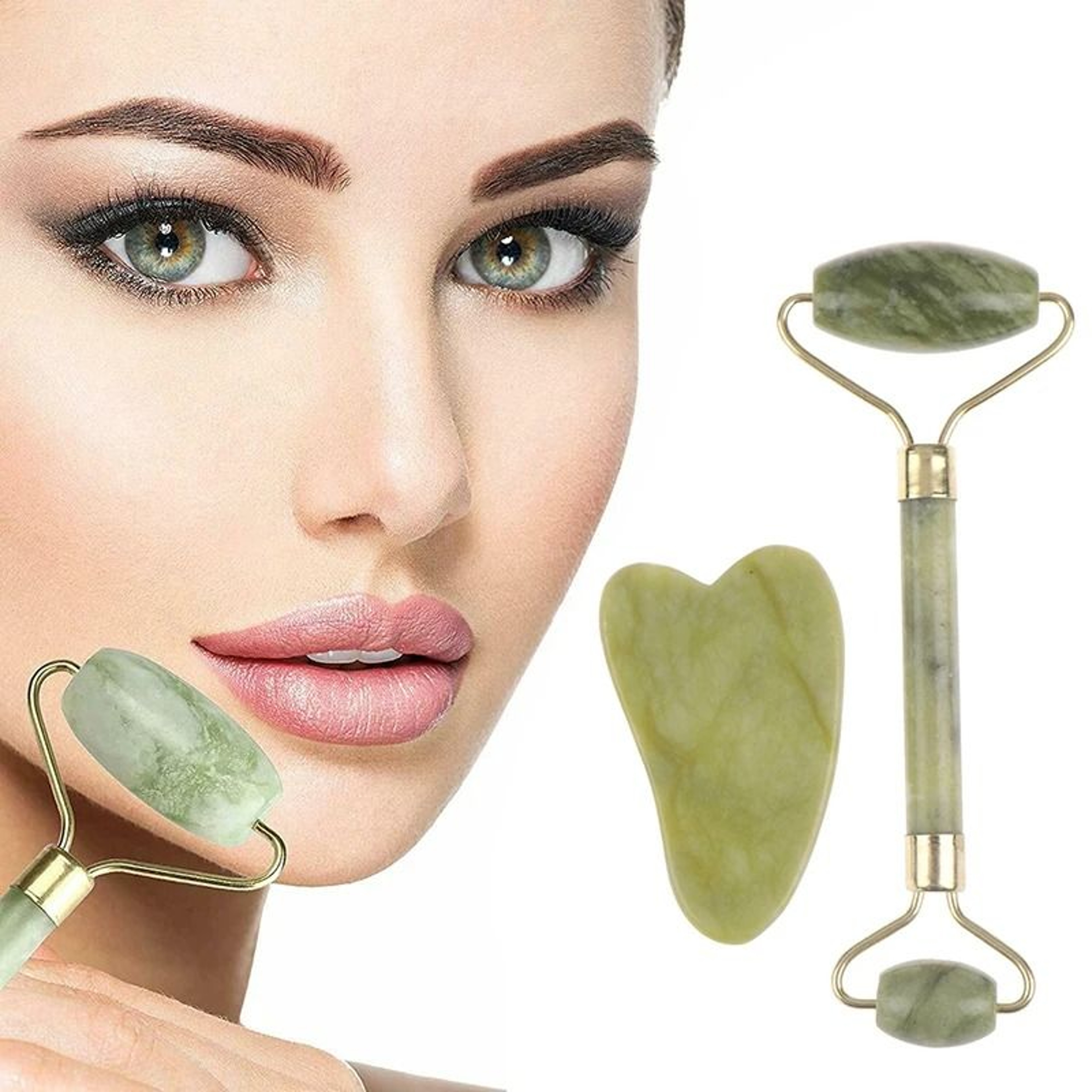 Natural Rose Jade Facial Roller And Gua Sha Set 0