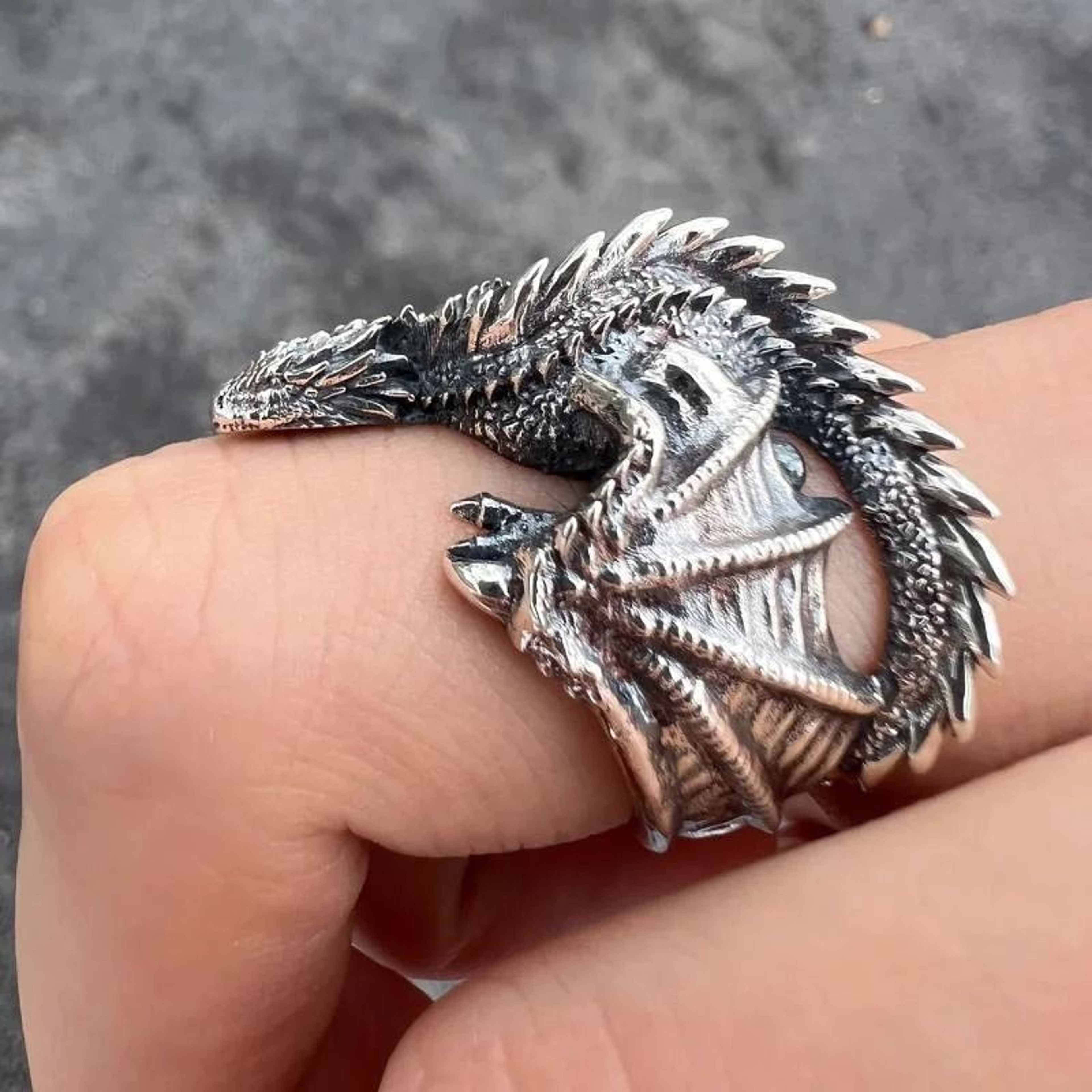Antique Silver Dragon Wing Adjustable Ring 7