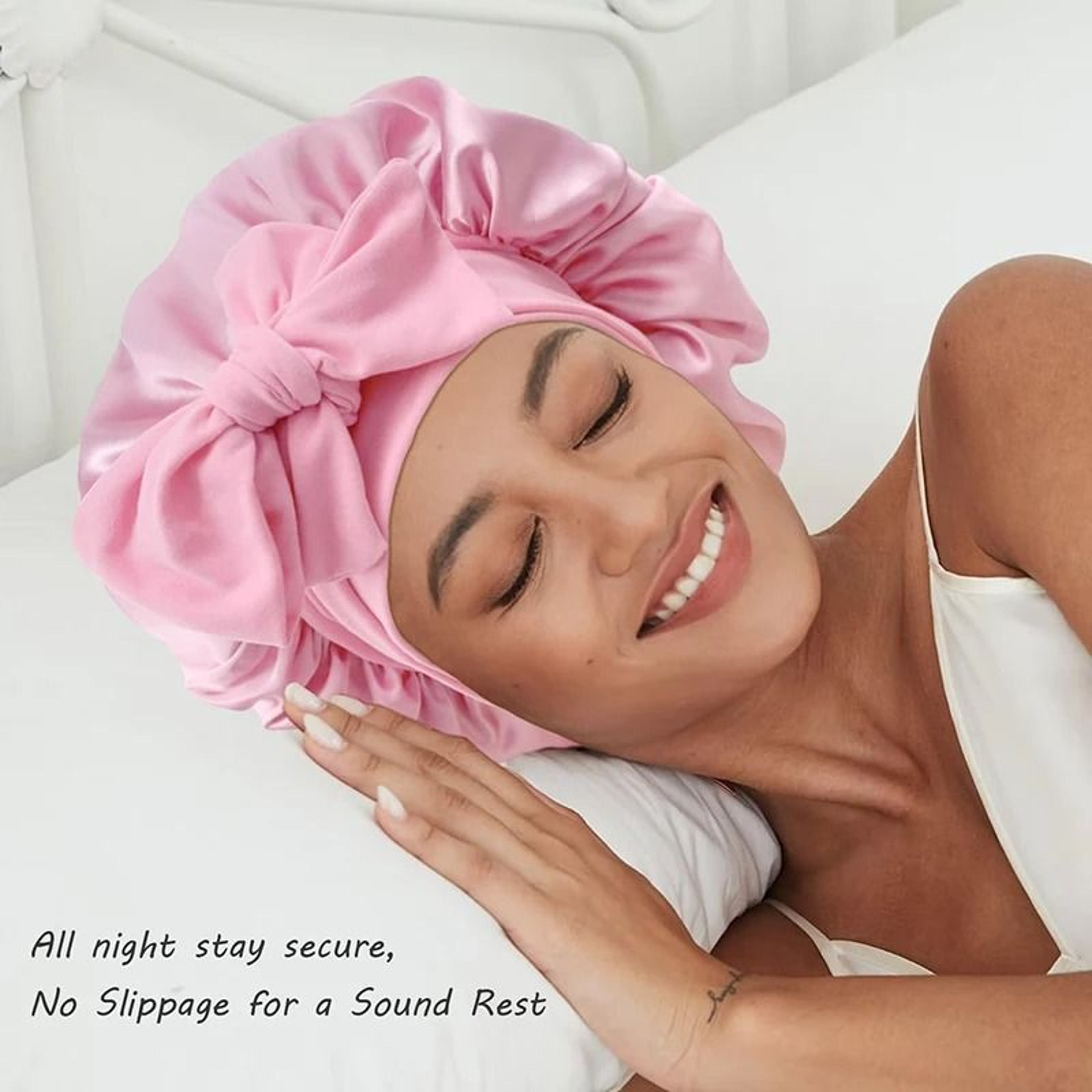 Satin Sleeping Bonnet With Stretchy Tie Band Adjustable Hair Cover For Women 2