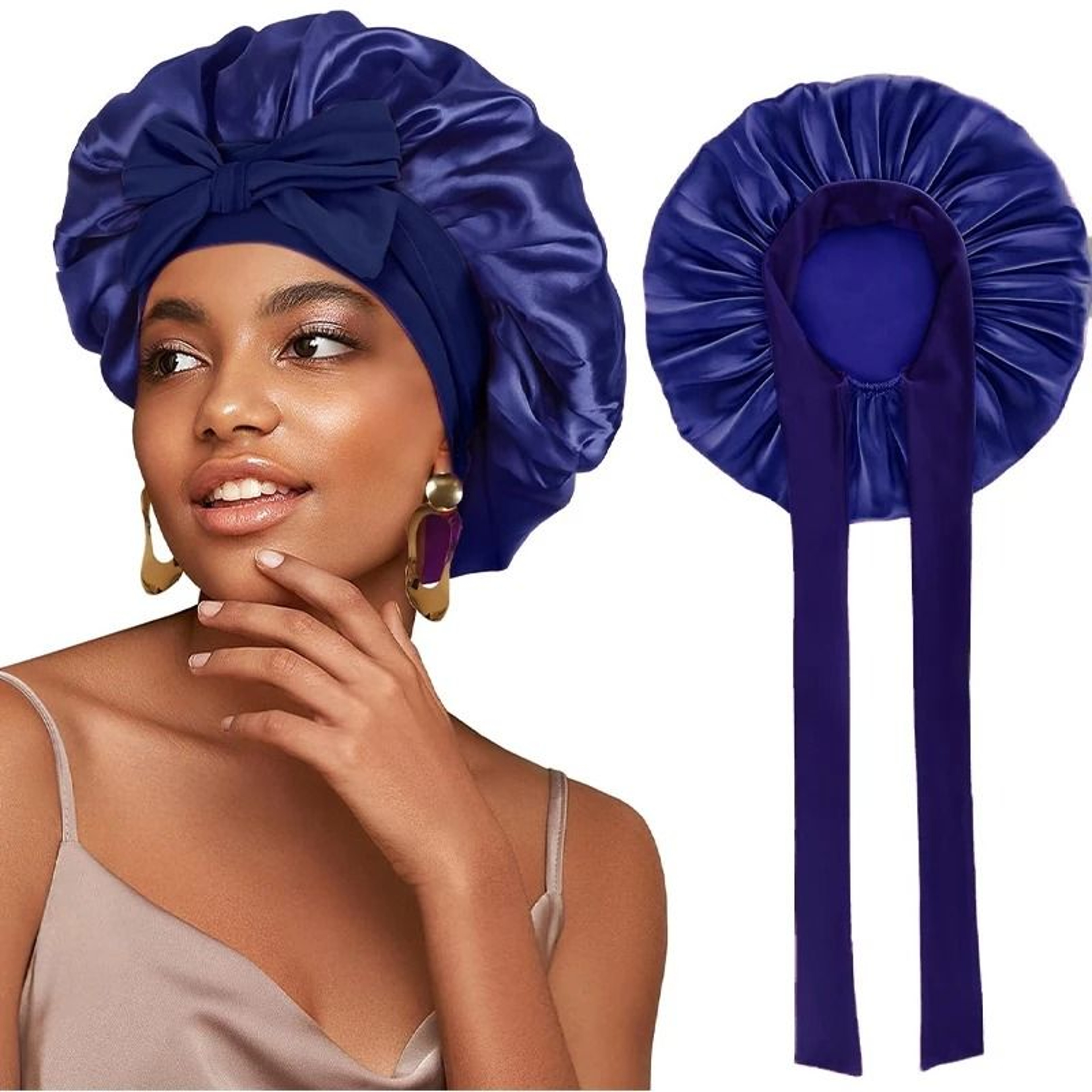 Satin Sleeping Bonnet With Stretchy Tie Band Adjustable Hair Cover For Women 21