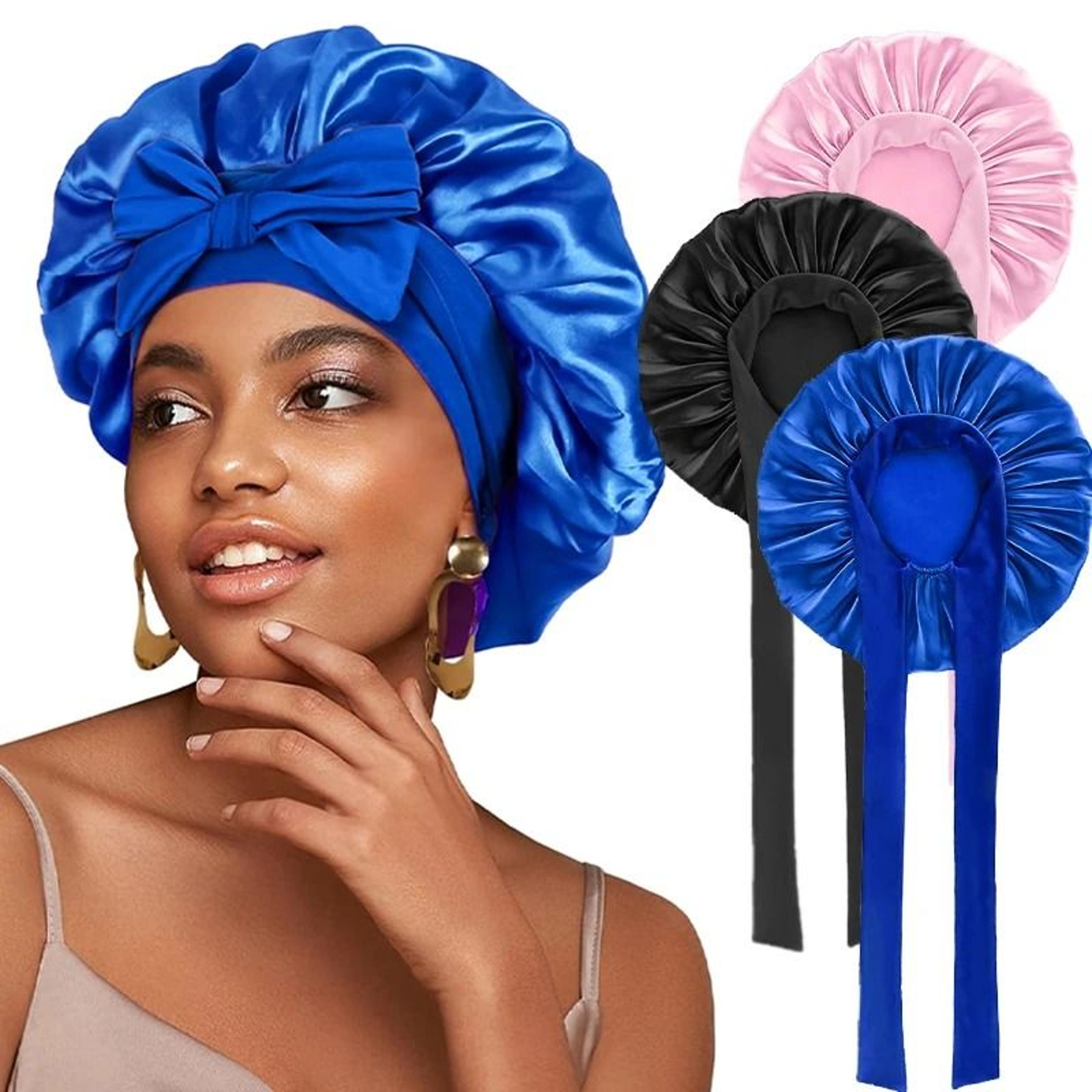 Satin Sleeping Bonnet With Stretchy Tie Band Adjustable Hair Cover For Women 26