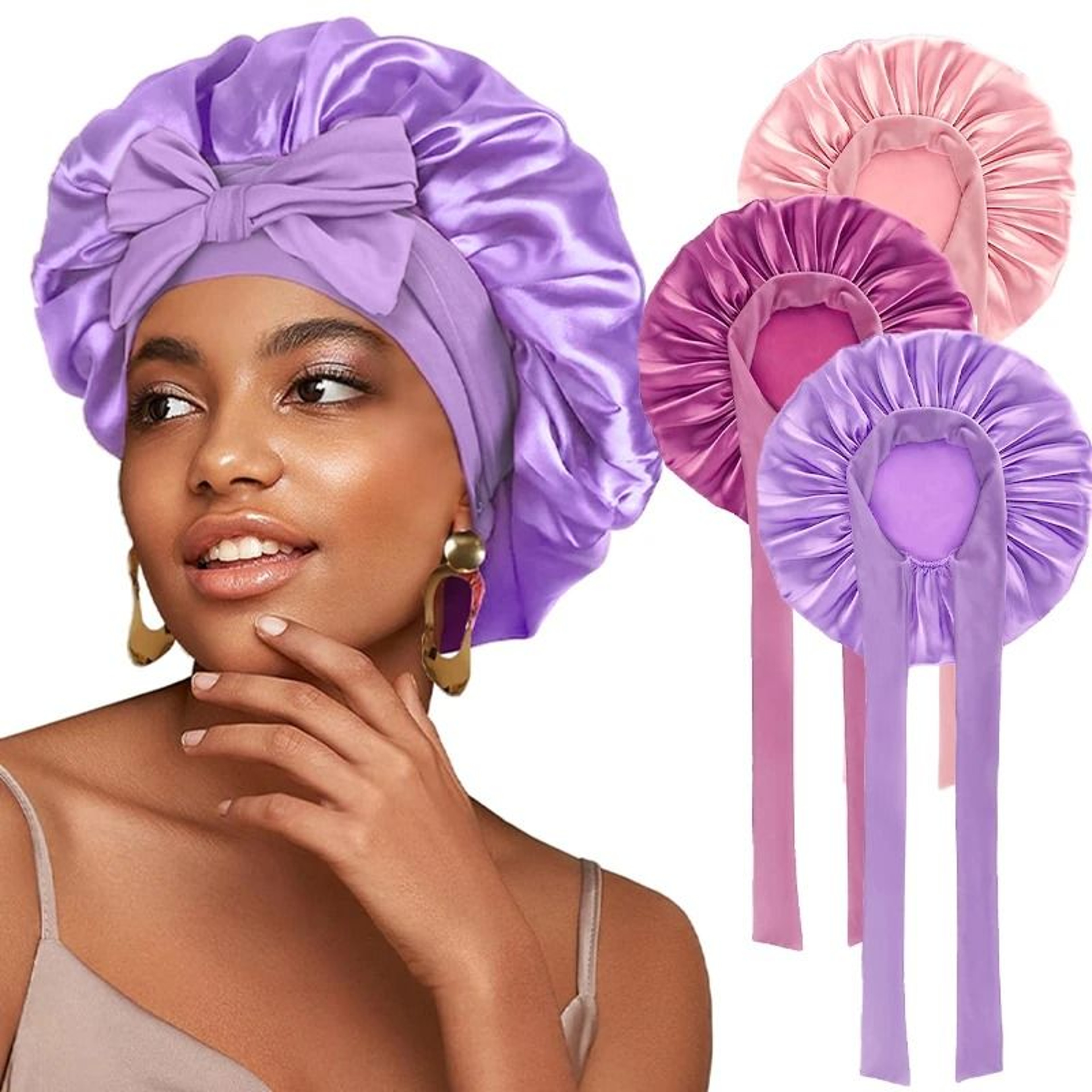 Satin Sleeping Bonnet With Stretchy Tie Band Adjustable Hair Cover For Women 27