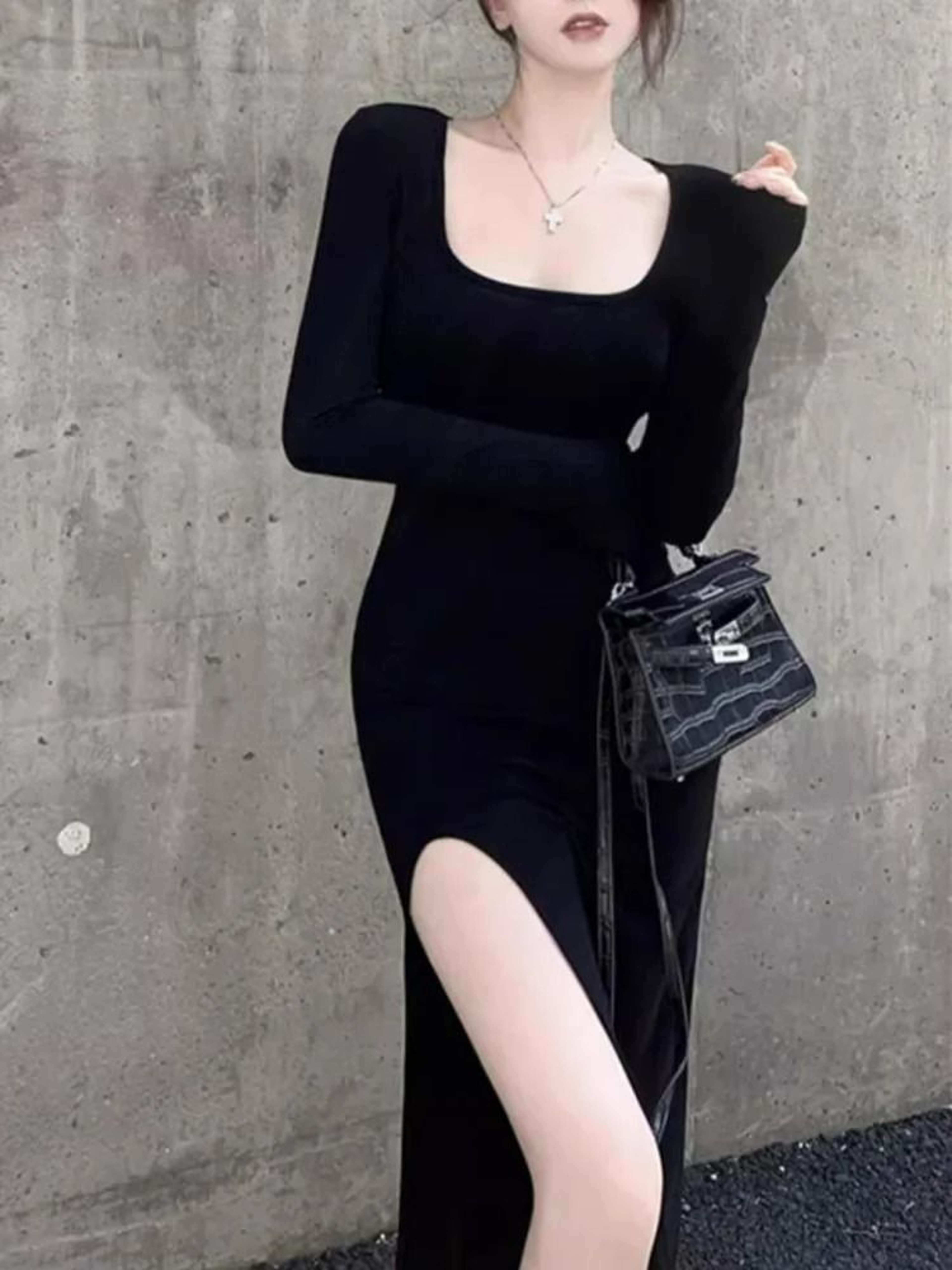 Elegant Side Slit Long Sleeve Bodycon Dress For Women 3