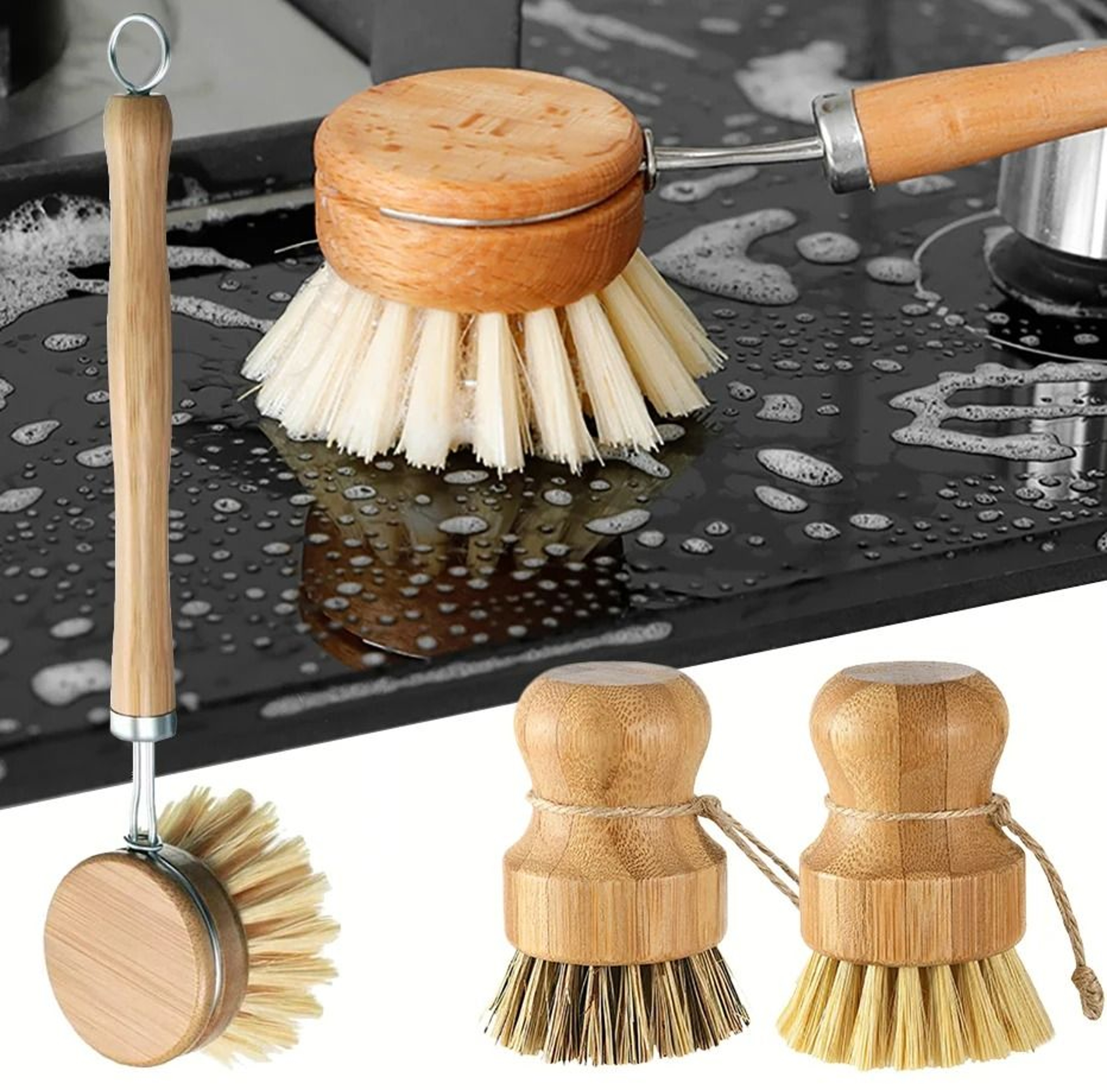 Bamboo Kitchen Cleaning Brush Set With Natural Bristles 0